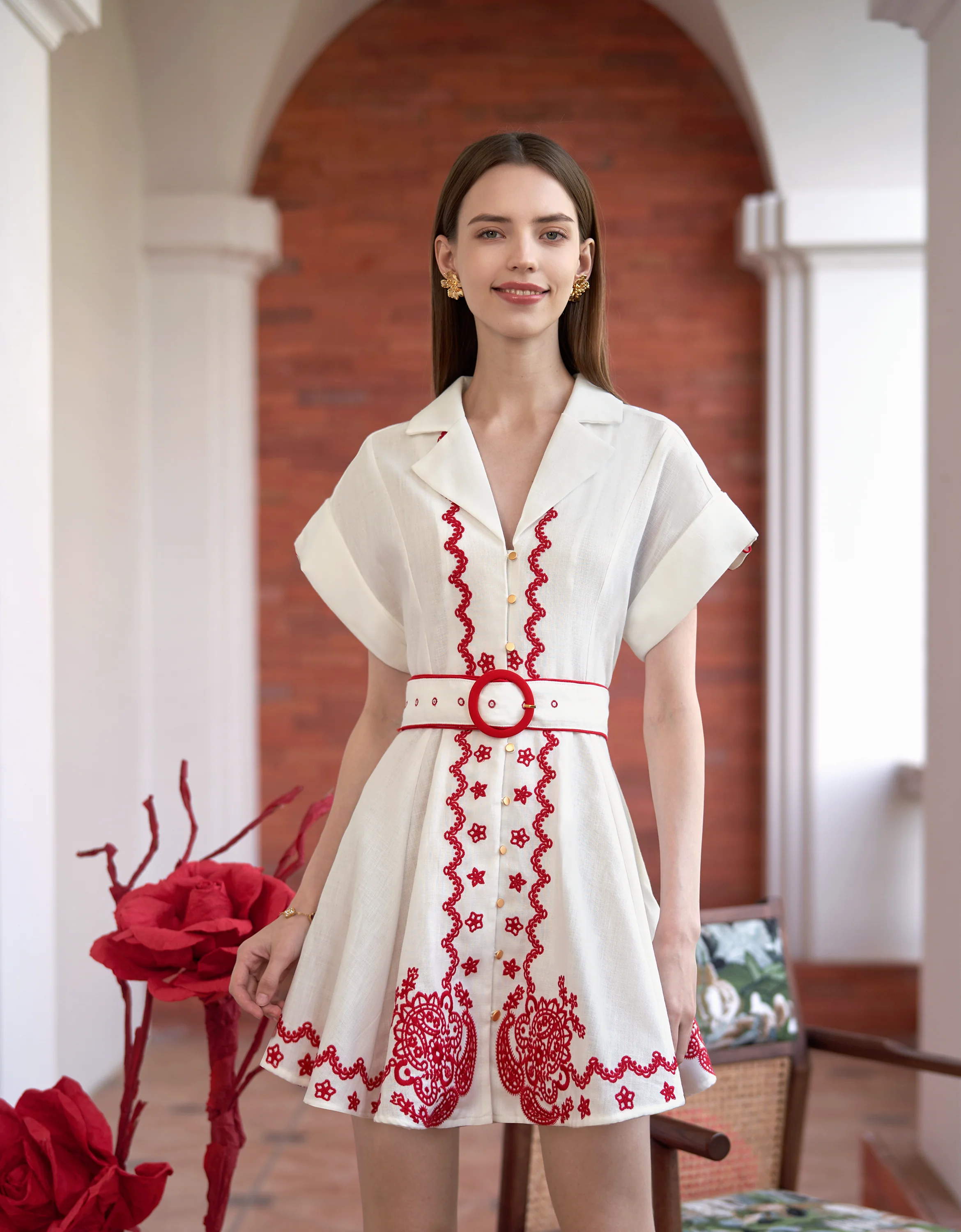 Contrast Embroidery Button Front Belted Dress
