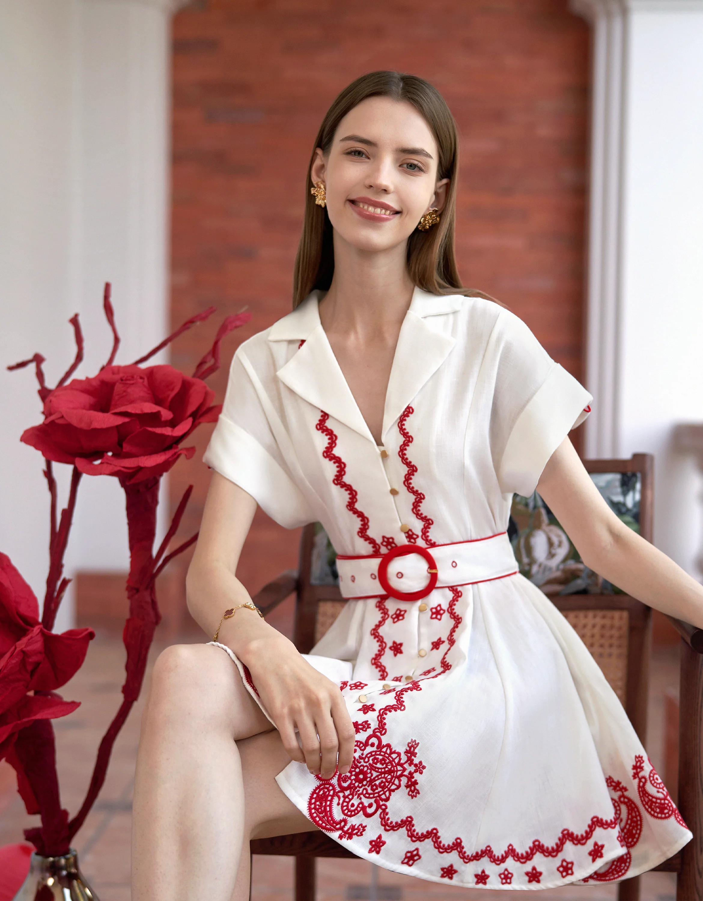 Contrast Embroidery Button Front Belted Dress - Image 2