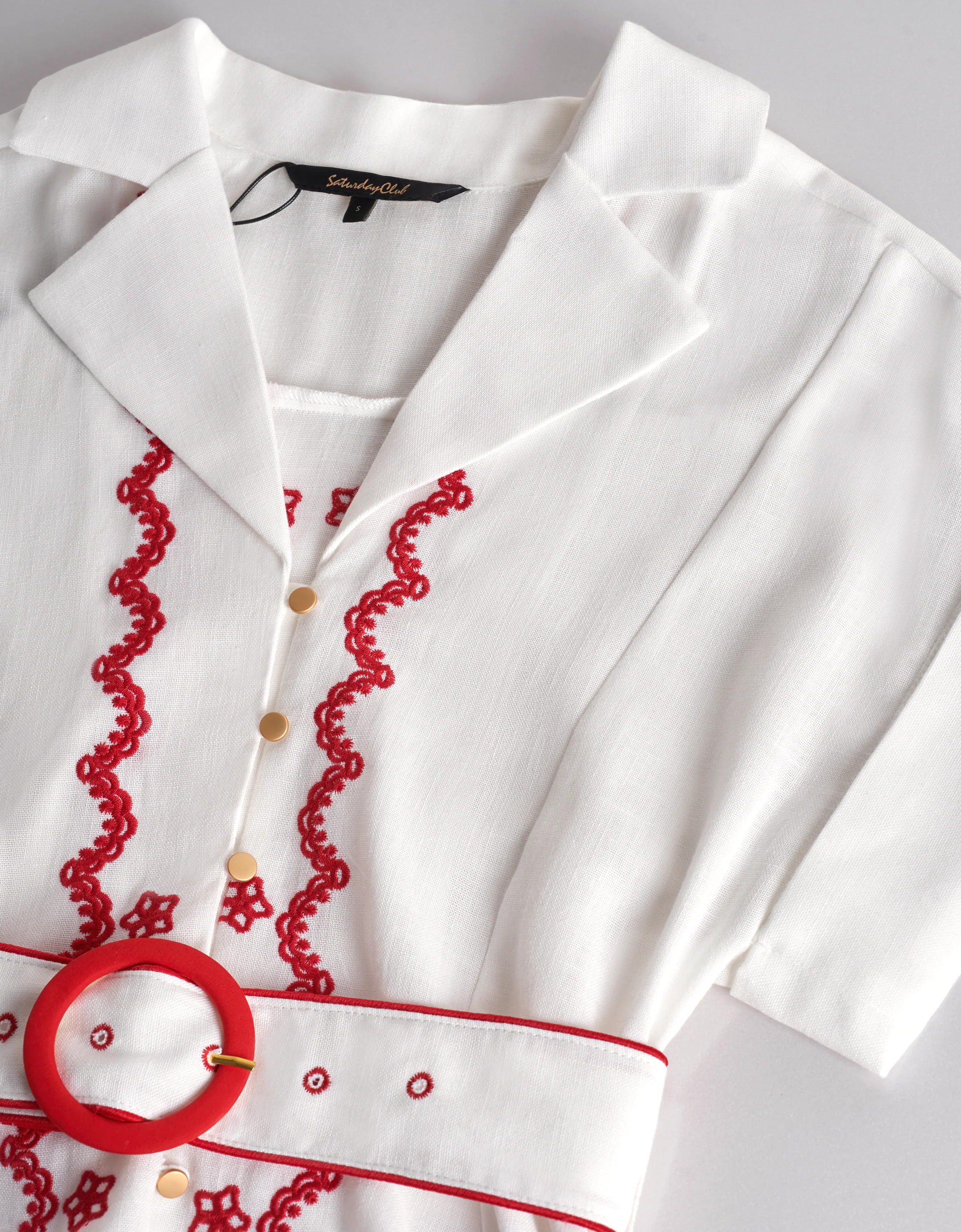 Contrast Embroidery Button Front Belted Dress - Image 5