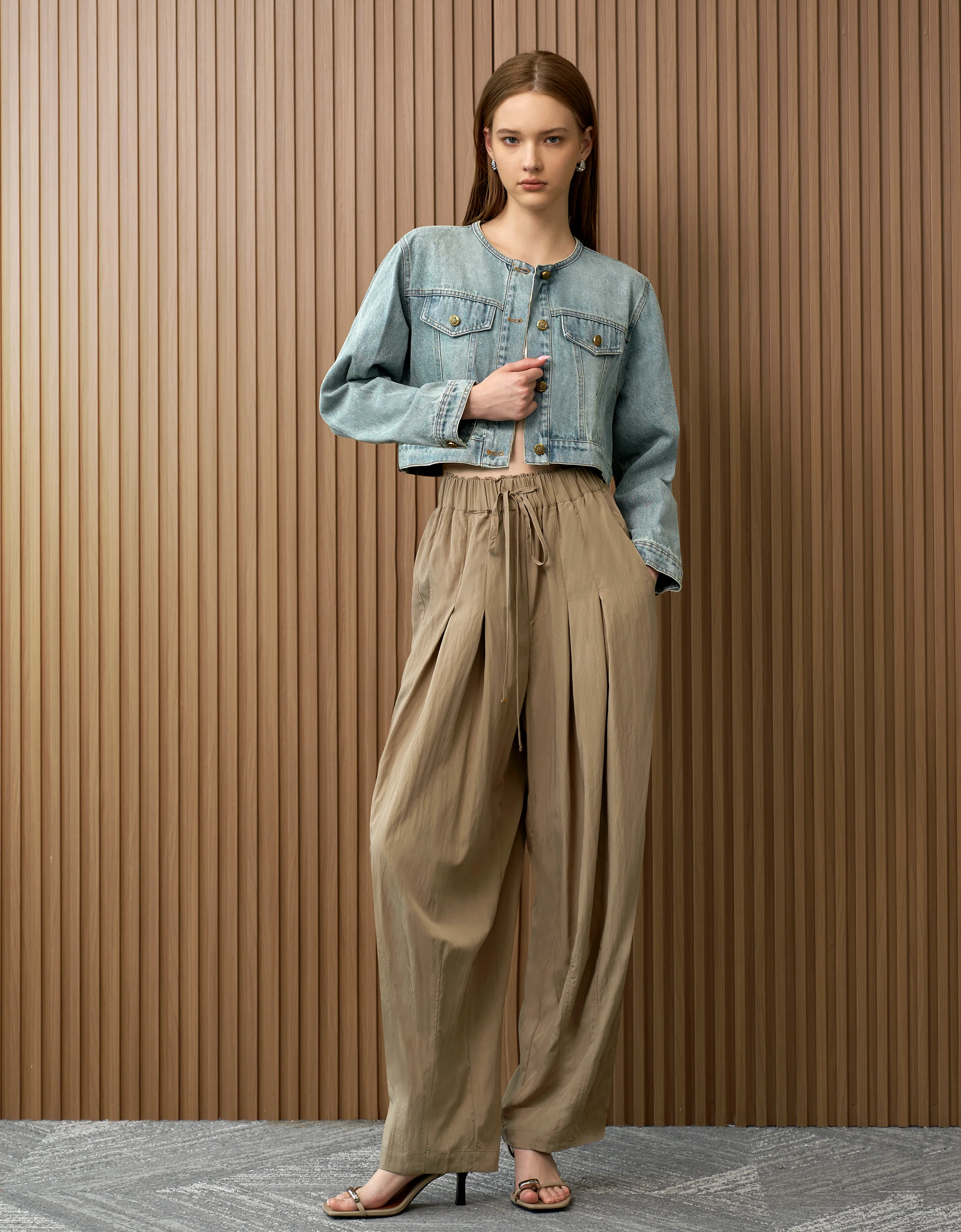 Crew Neck Cropped Denim Jacket