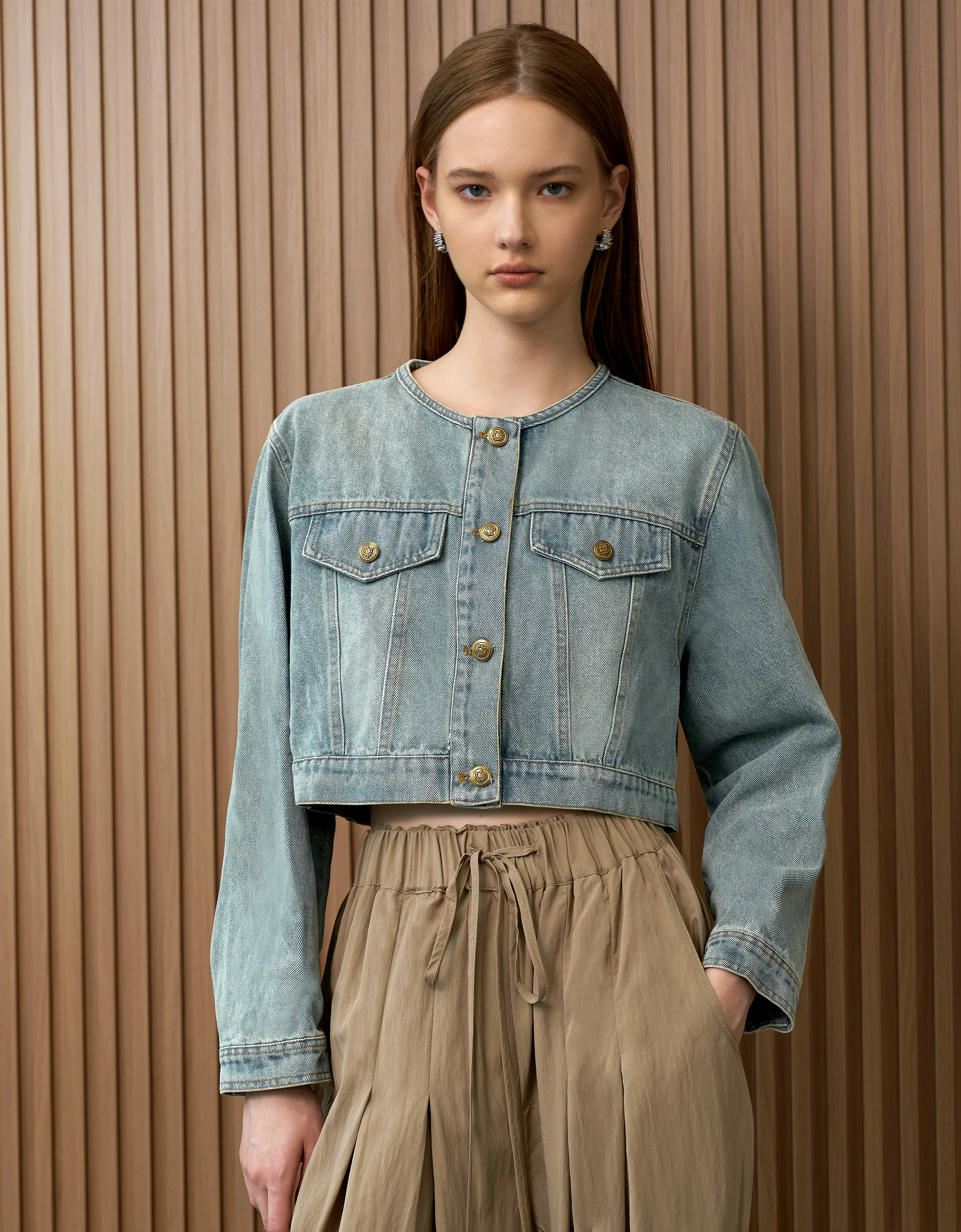 Crew Neck Cropped Denim Jacket - Image 2