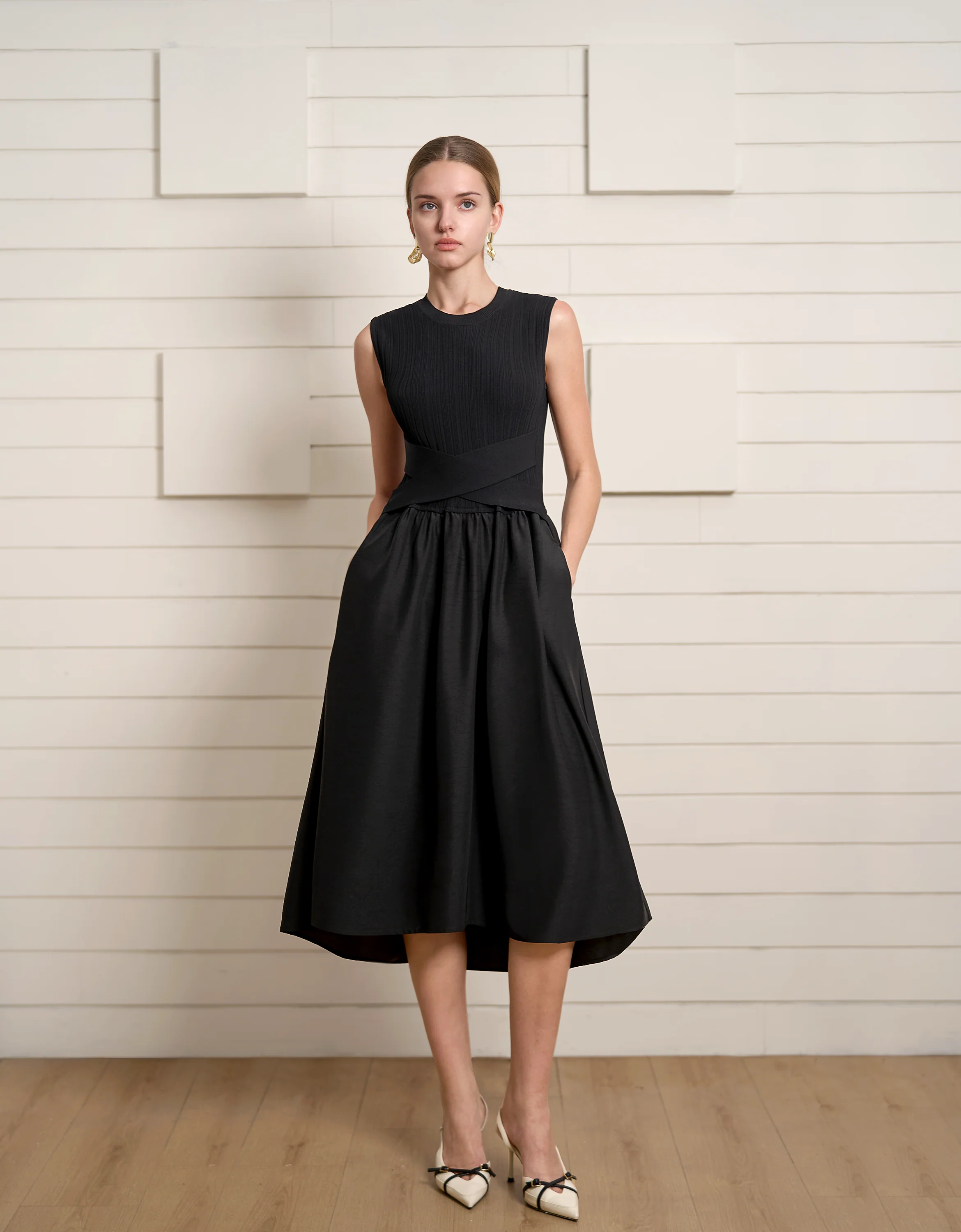 Cross-strap Waist Round Neck Midi Dress - Image 2