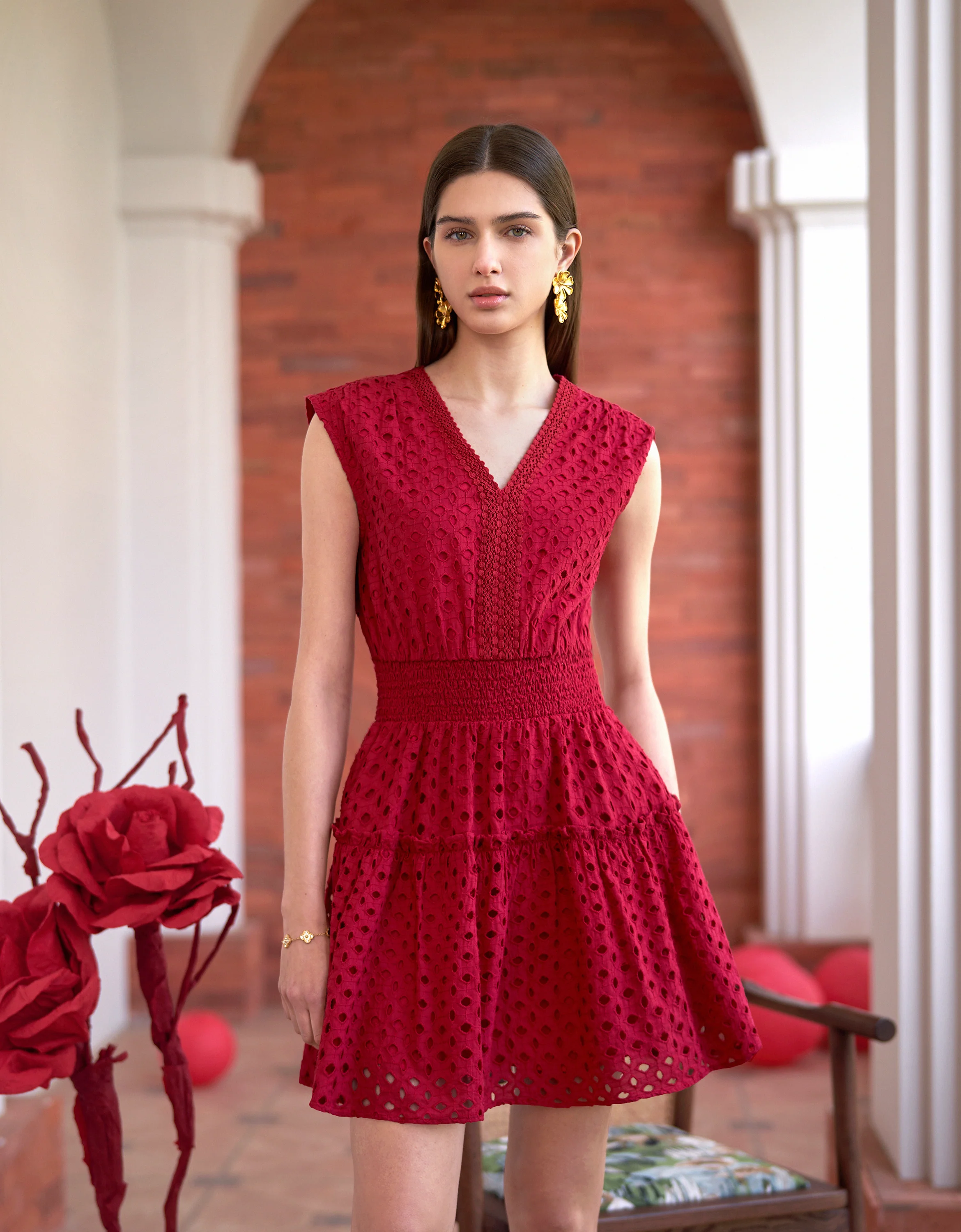 Cutwork Embroidery Elastic Waist Sleeveless Dress