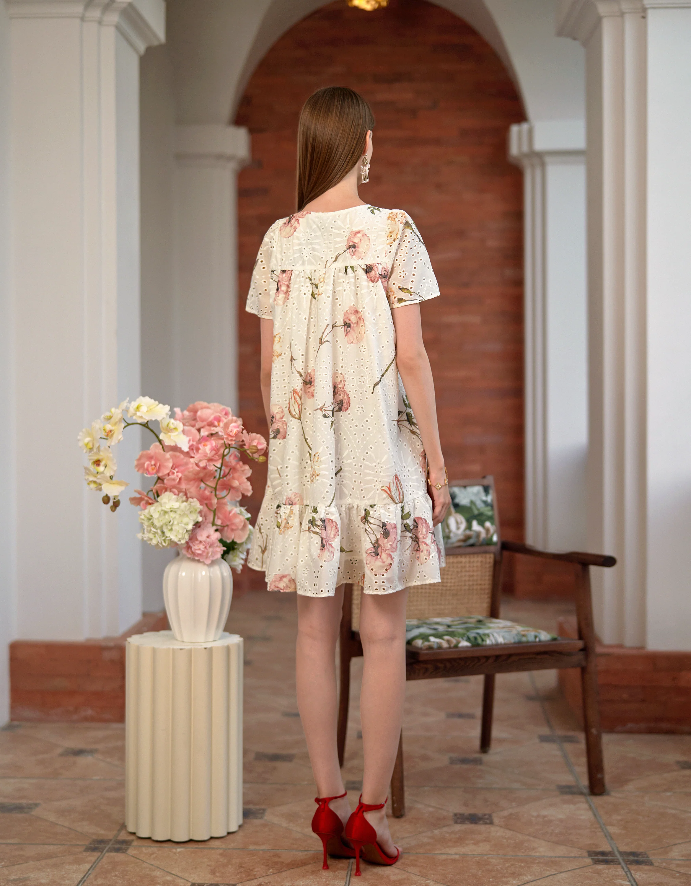 Cutwork Embroidery Floral Print Ruffled Hem Dress - Image 4