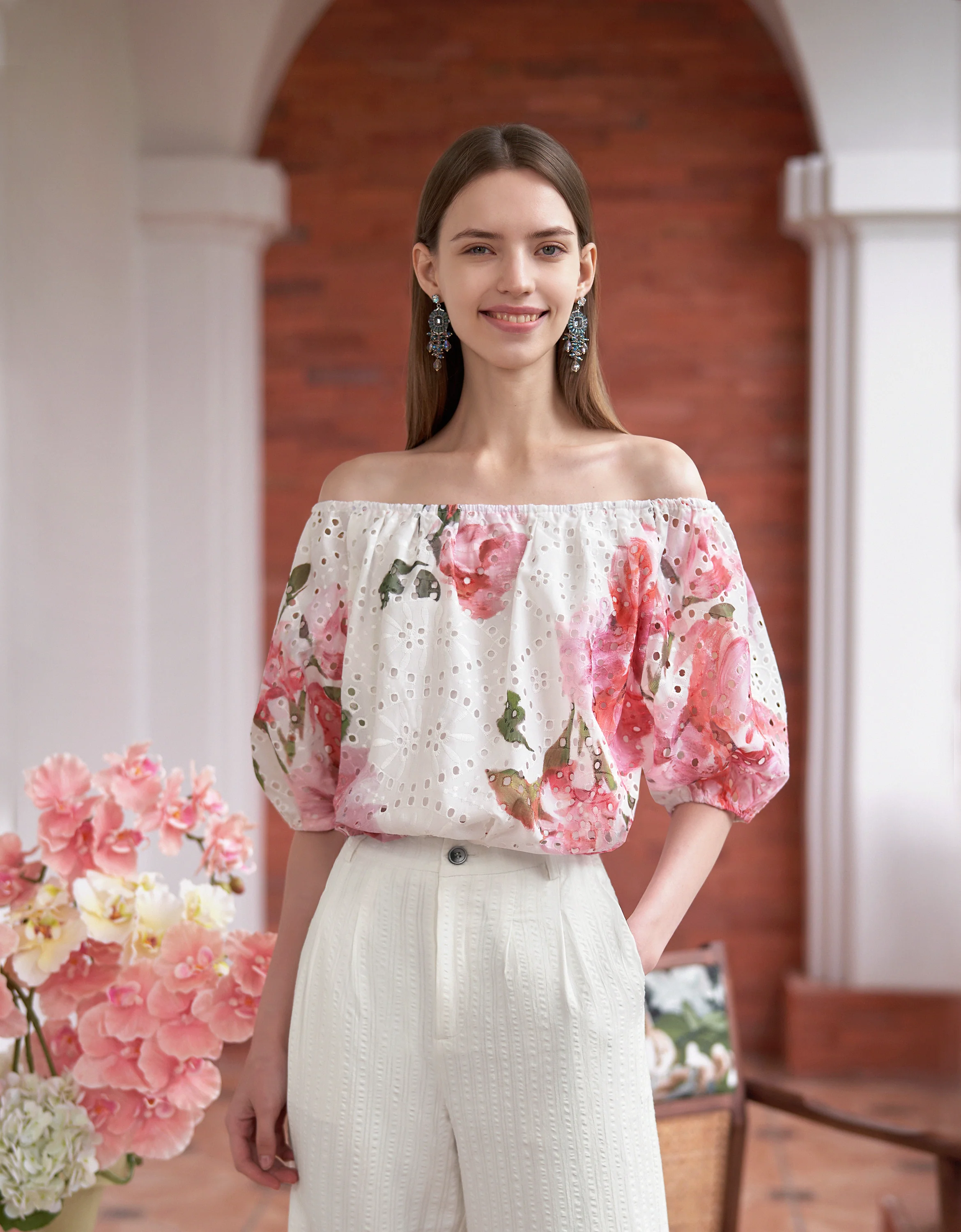 Cutwork Embroidery Off-shoulder Floral Print Top