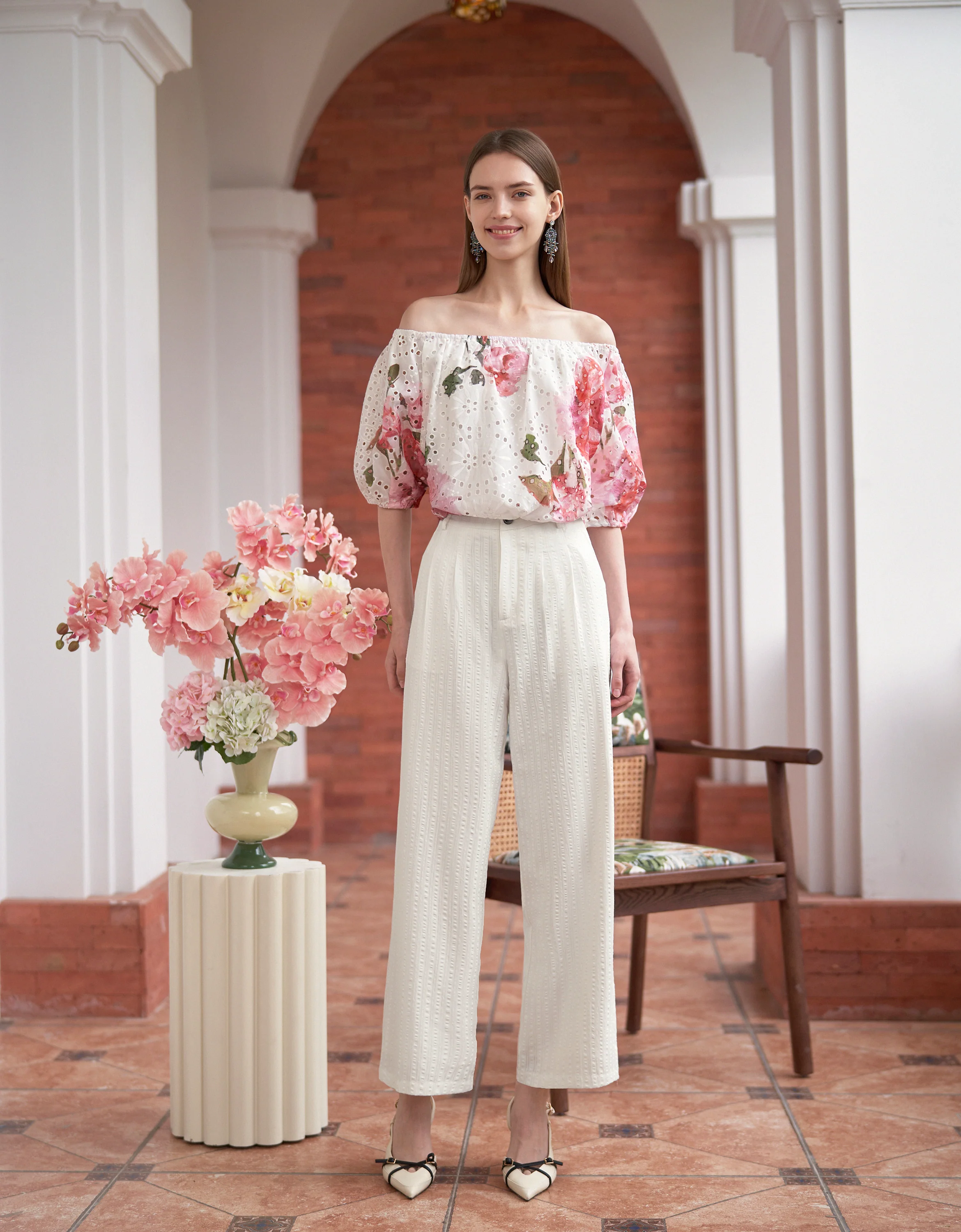Cutwork Embroidery Off-shoulder Floral Print Top - Image 2