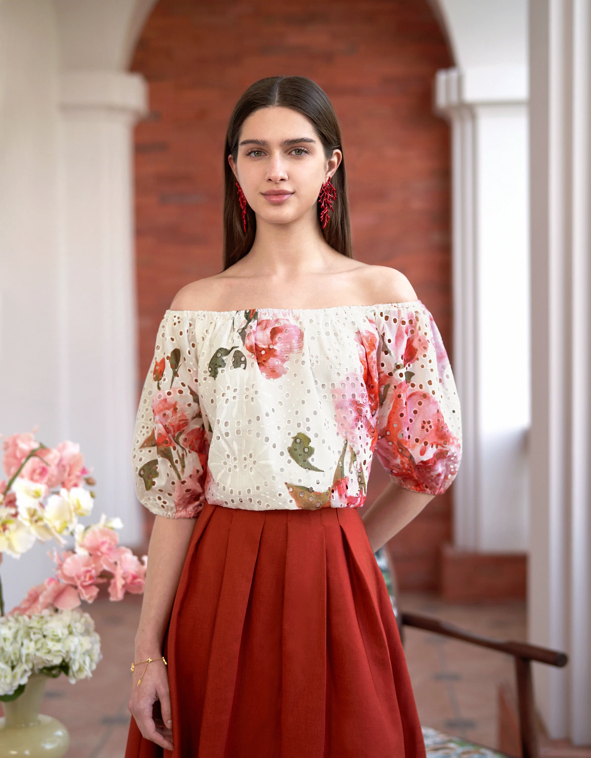 Cutwork Embroidery Off-shoulder Floral Print Top - Image 3