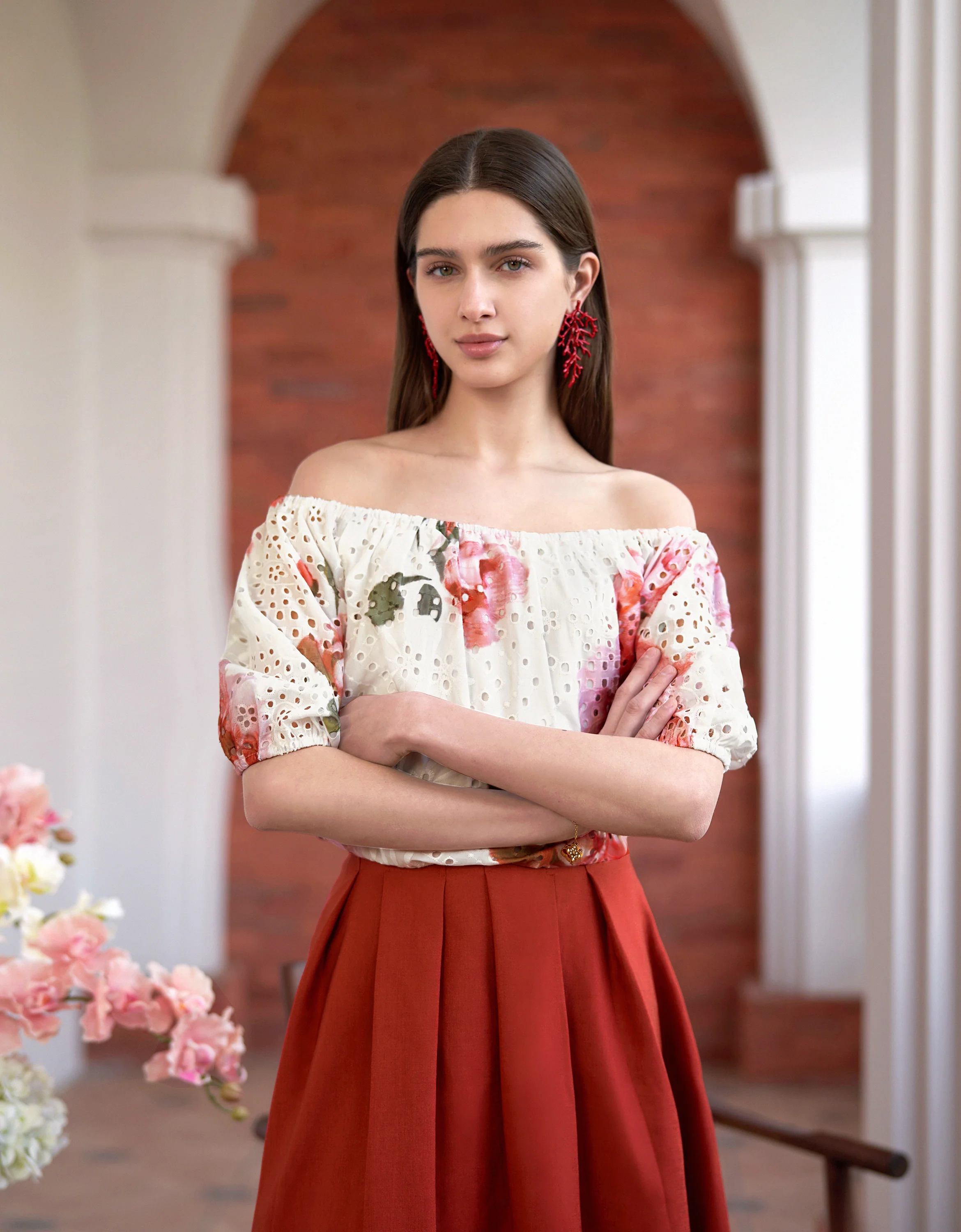 Cutwork Embroidery Off-shoulder Floral Print Top - Image 6
