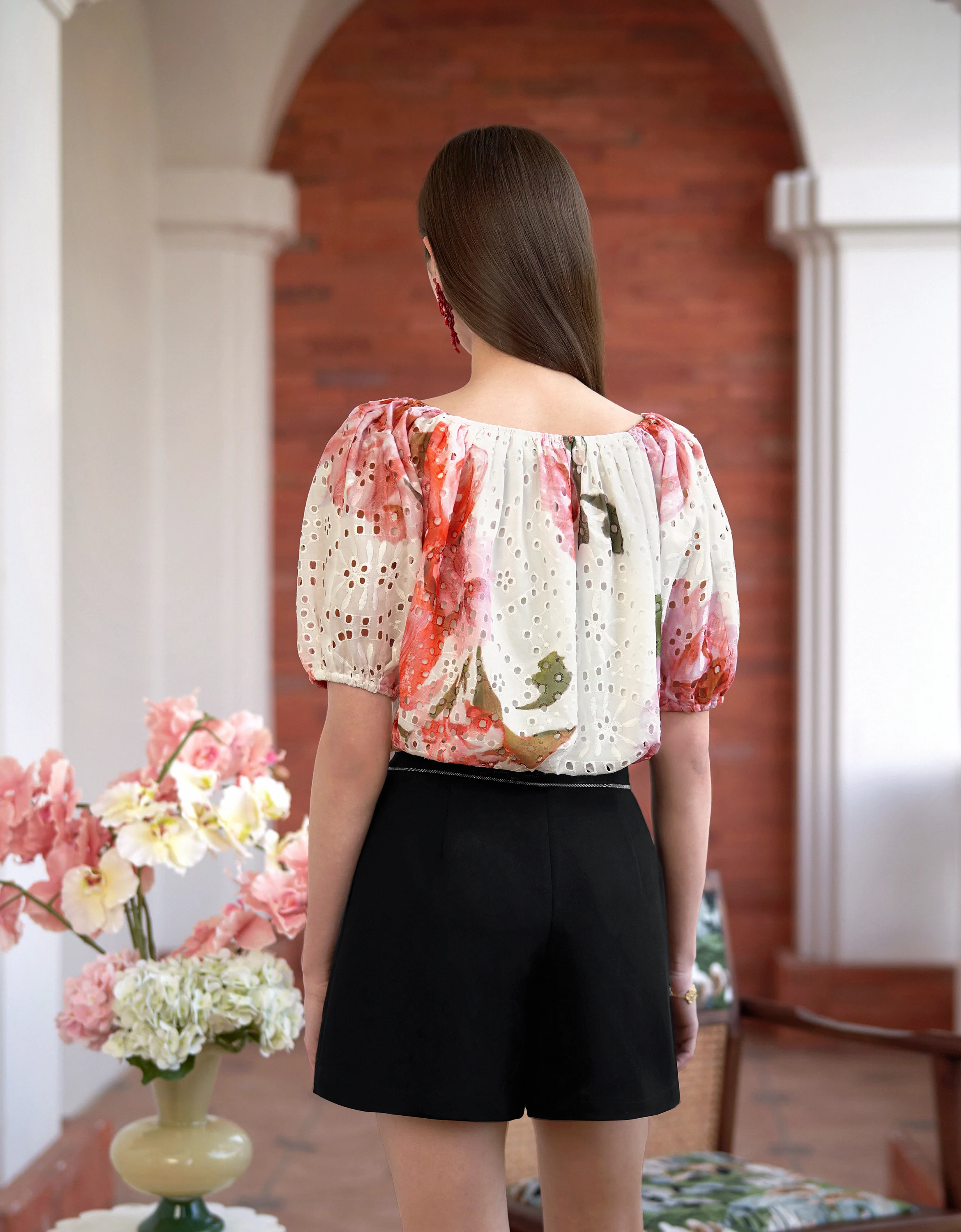 Cutwork Embroidery Off-shoulder Floral Print Top - Image 8