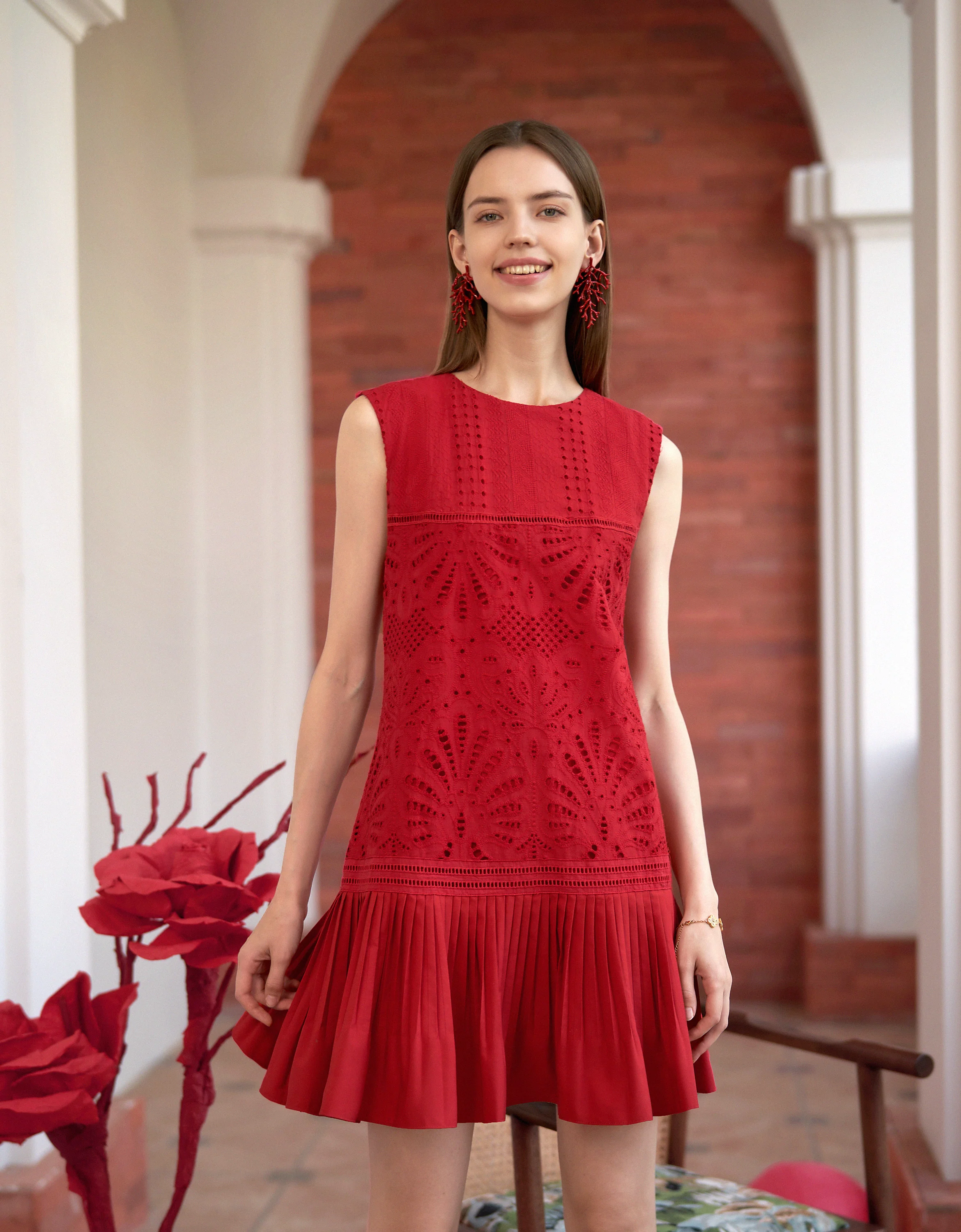 Cutwork Embroidery Pleated Dress