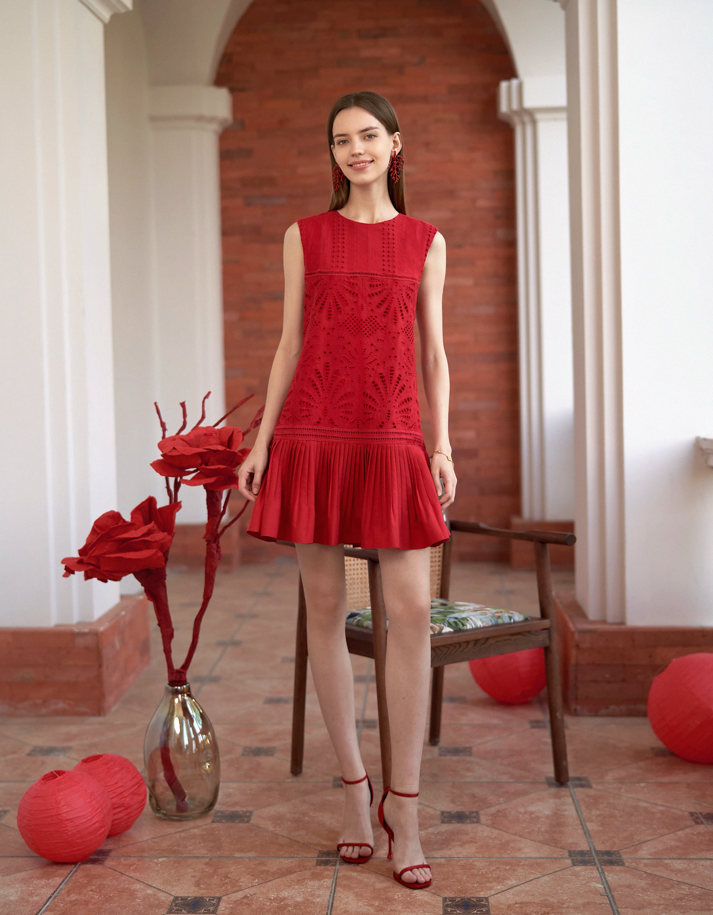 Cutwork Embroidery Pleated Dress - Image 2