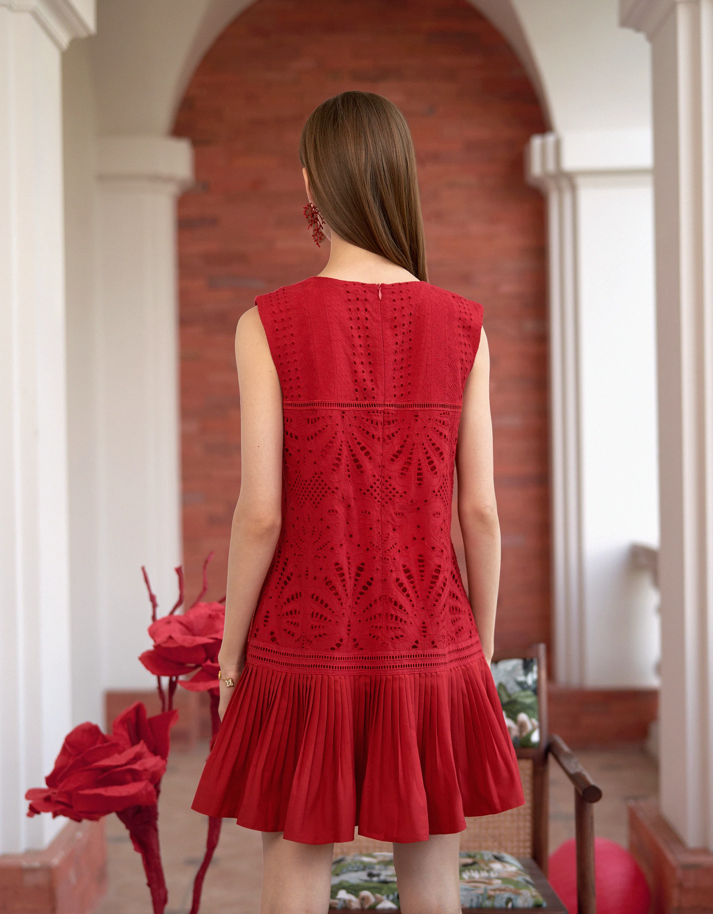 Cutwork Embroidery Pleated Dress - Image 3
