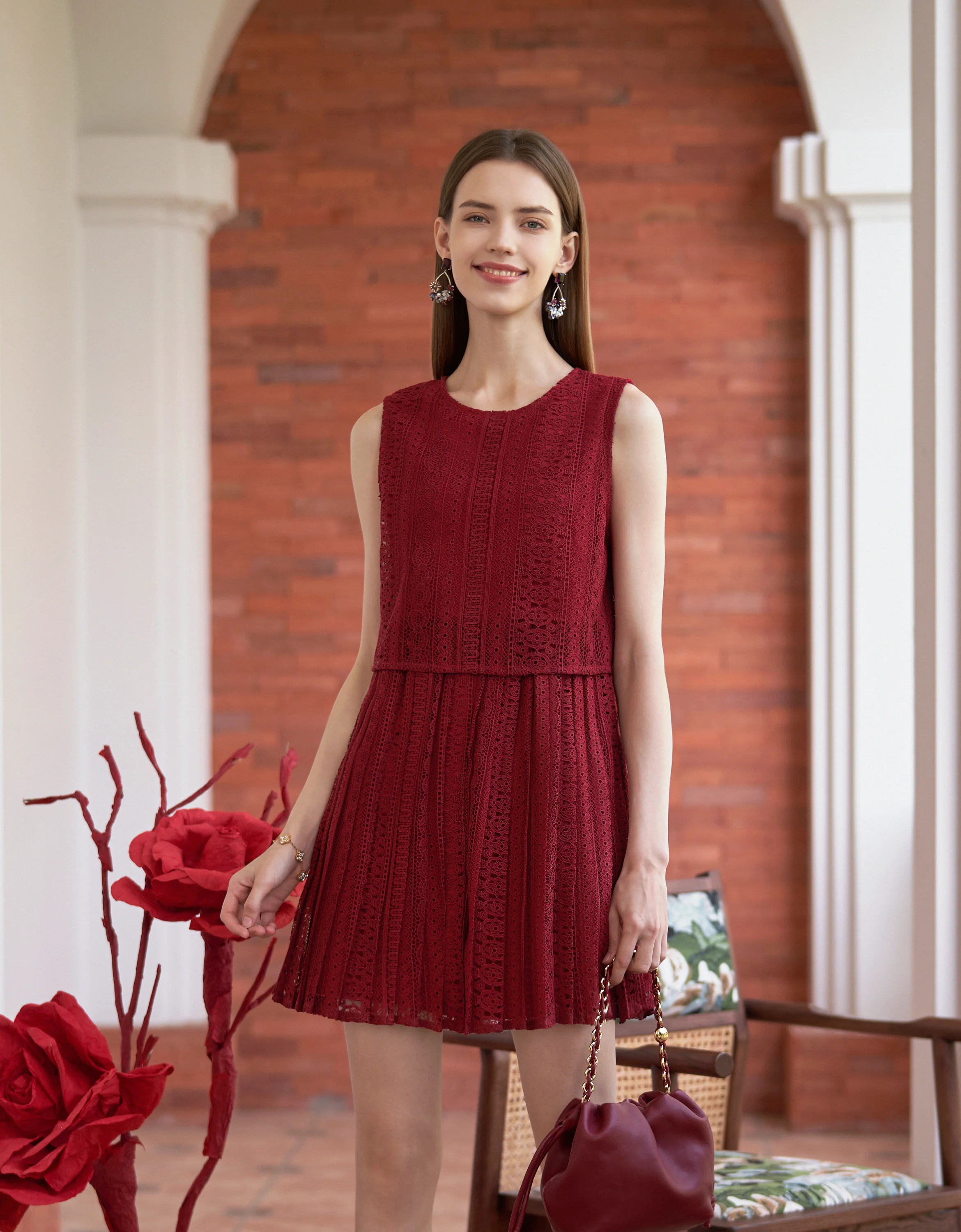 Cutwork Embroidery Round Neck Pleated Dress