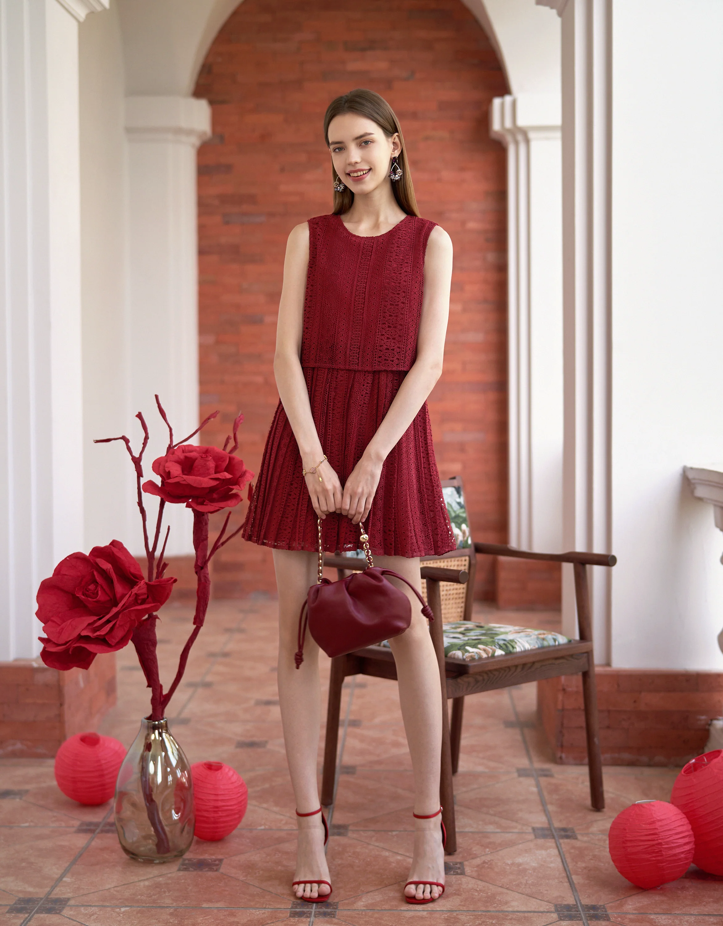 Cutwork Embroidery Round Neck Pleated Dress - Image 2