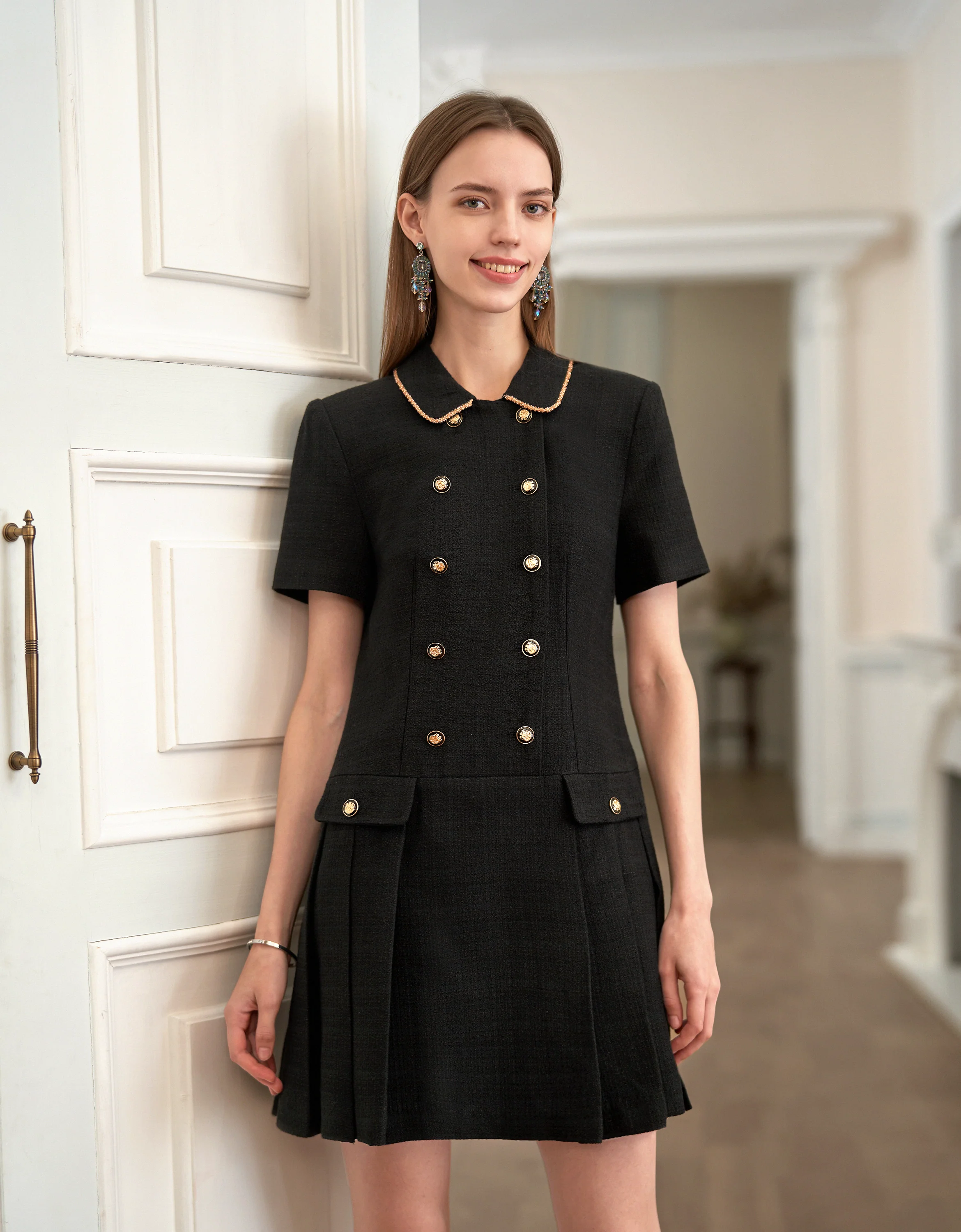 Double-breasted Chain Embellished Pleated Dress - Image 2