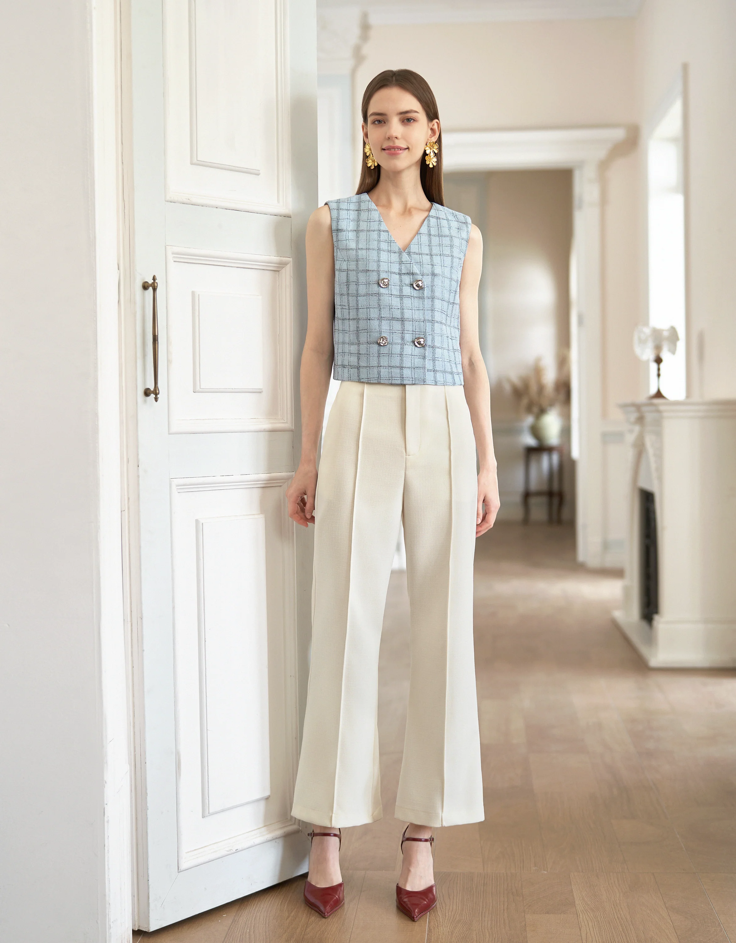 Double-breasted V-neck Plaid Vest - Image 5