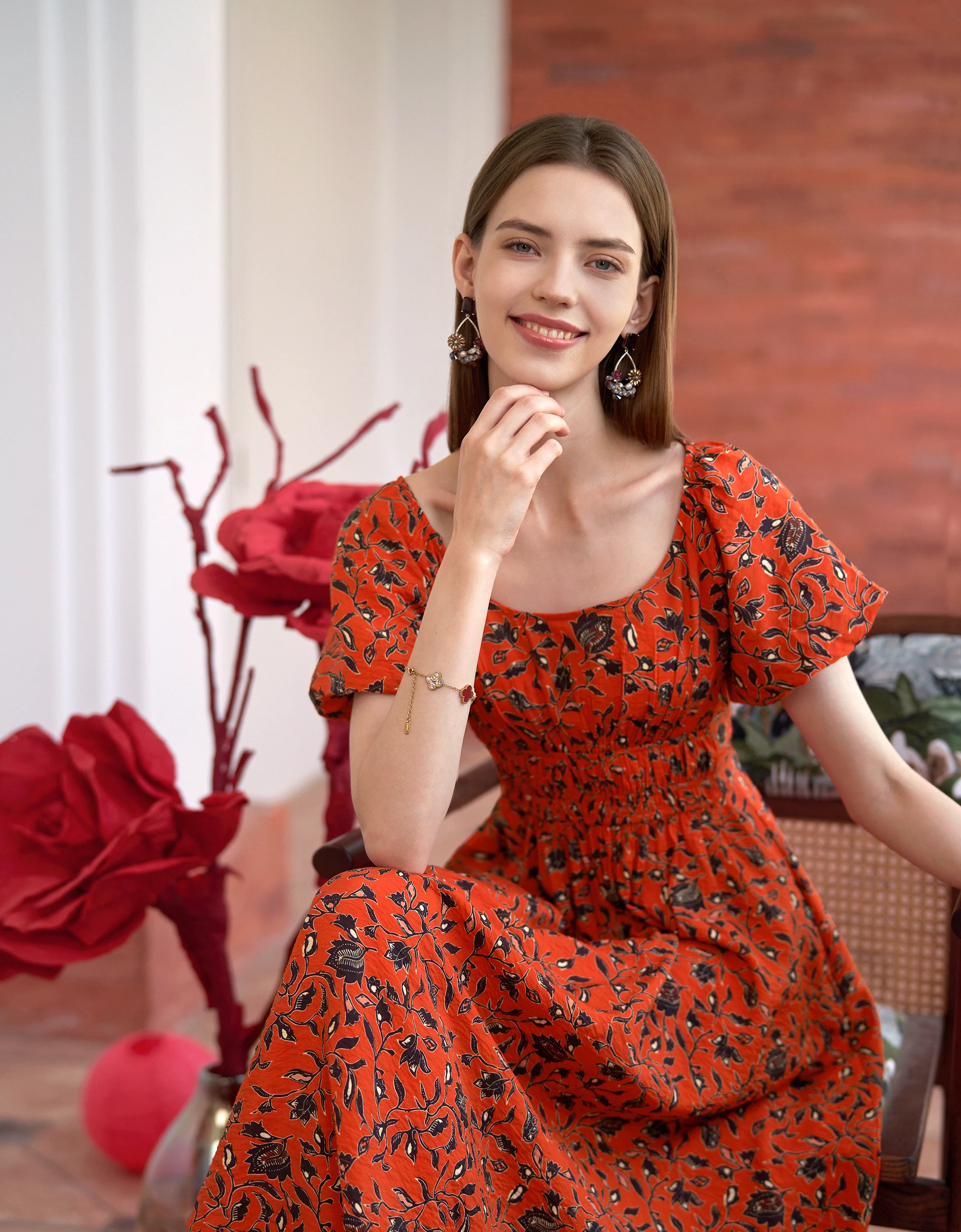 Elastic Waist Floral Print Midi Dress