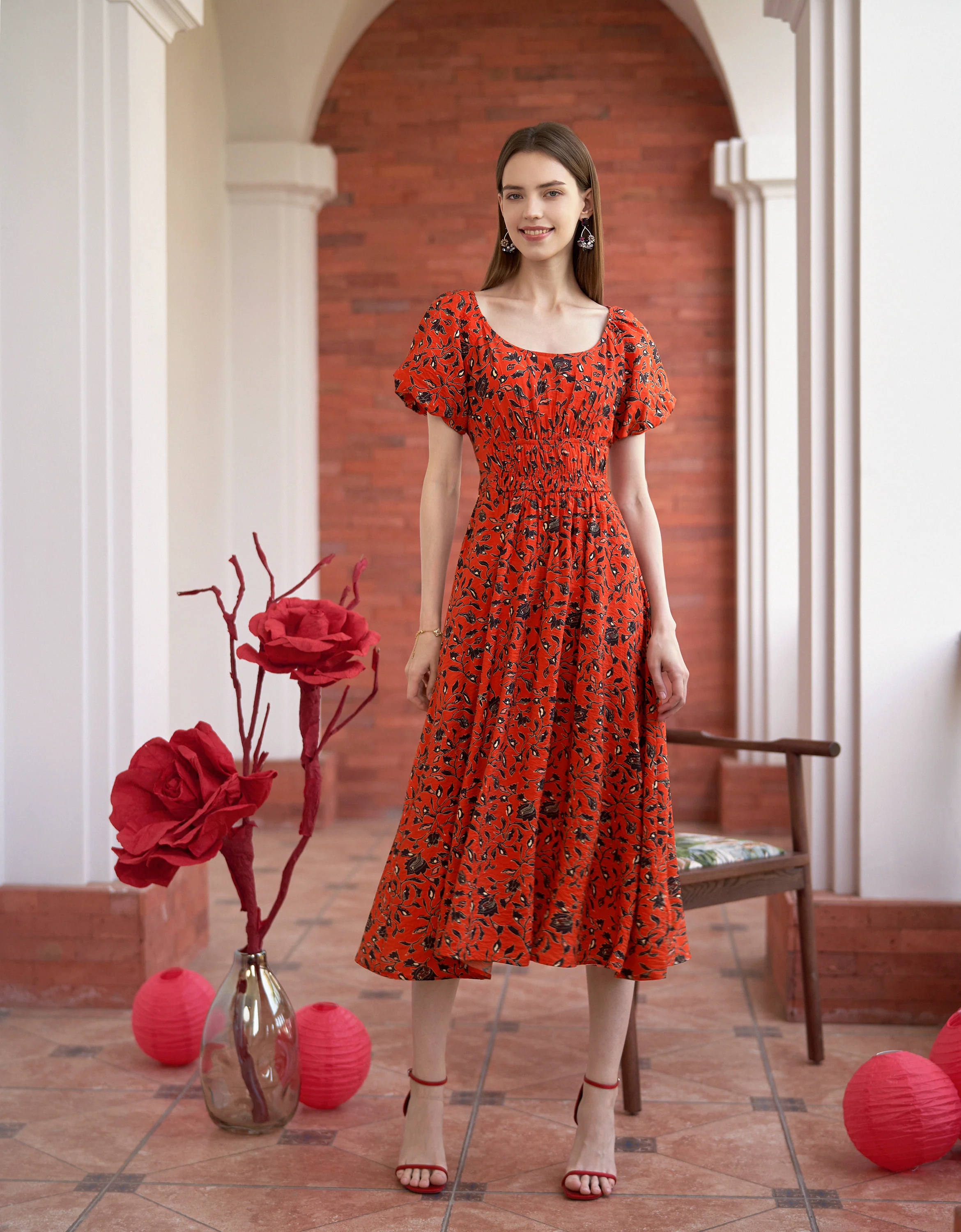 Elastic Waist Floral Print Midi Dress - Image 2