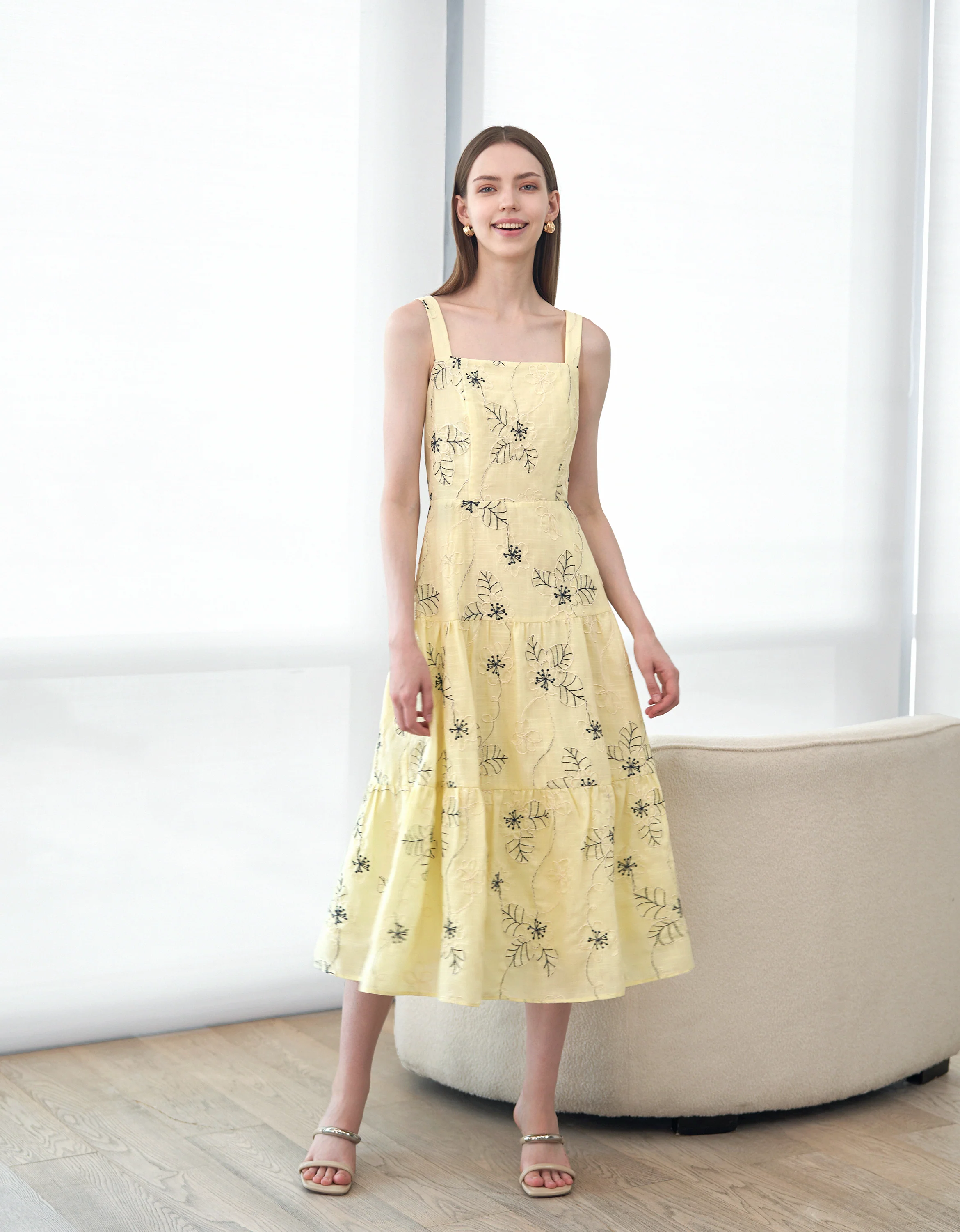 Embroidered Midi Strap Dress