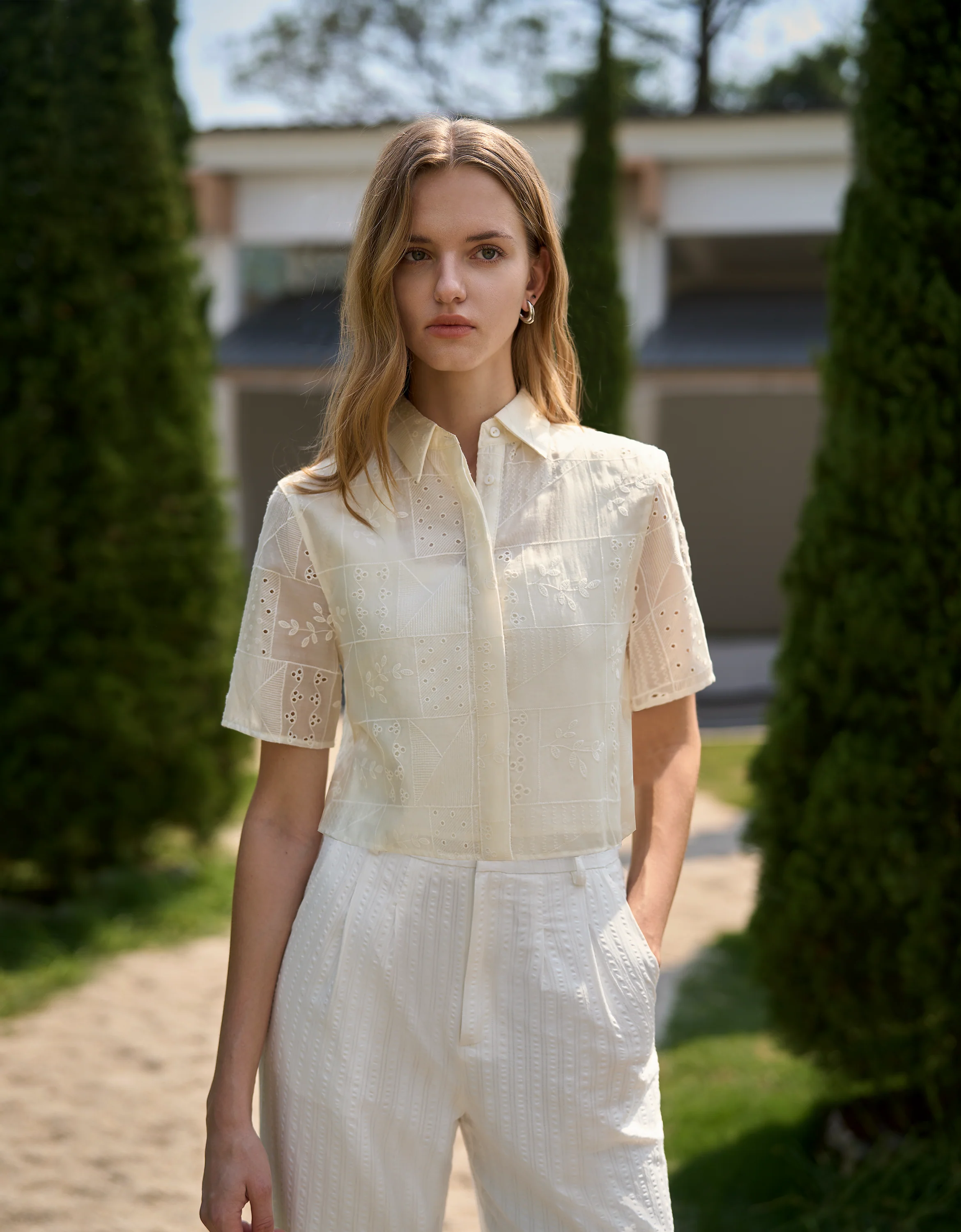 Embroidered Short Sleeve Collared Top - Image 4