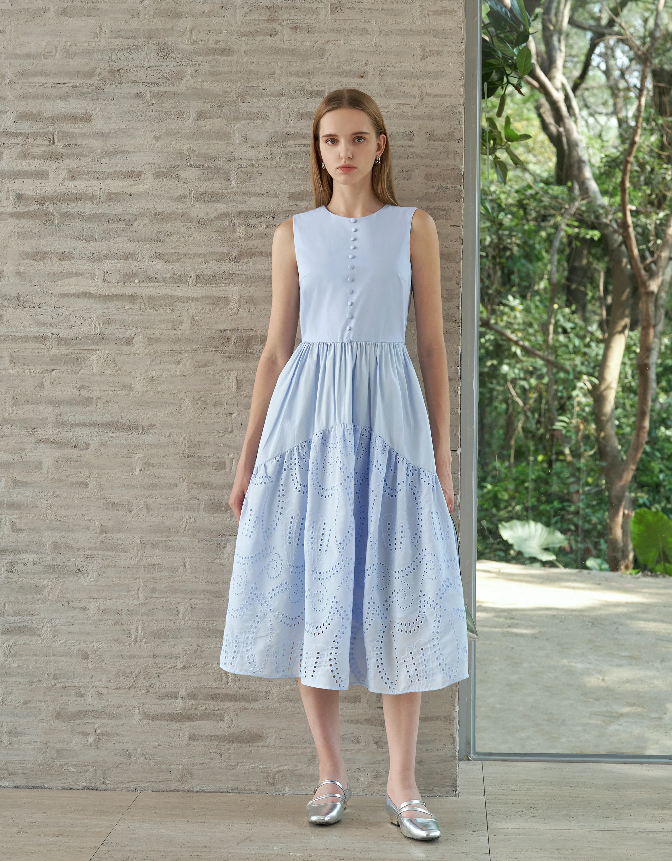 Embroidered Skirt Button Front Sleeveless Dress