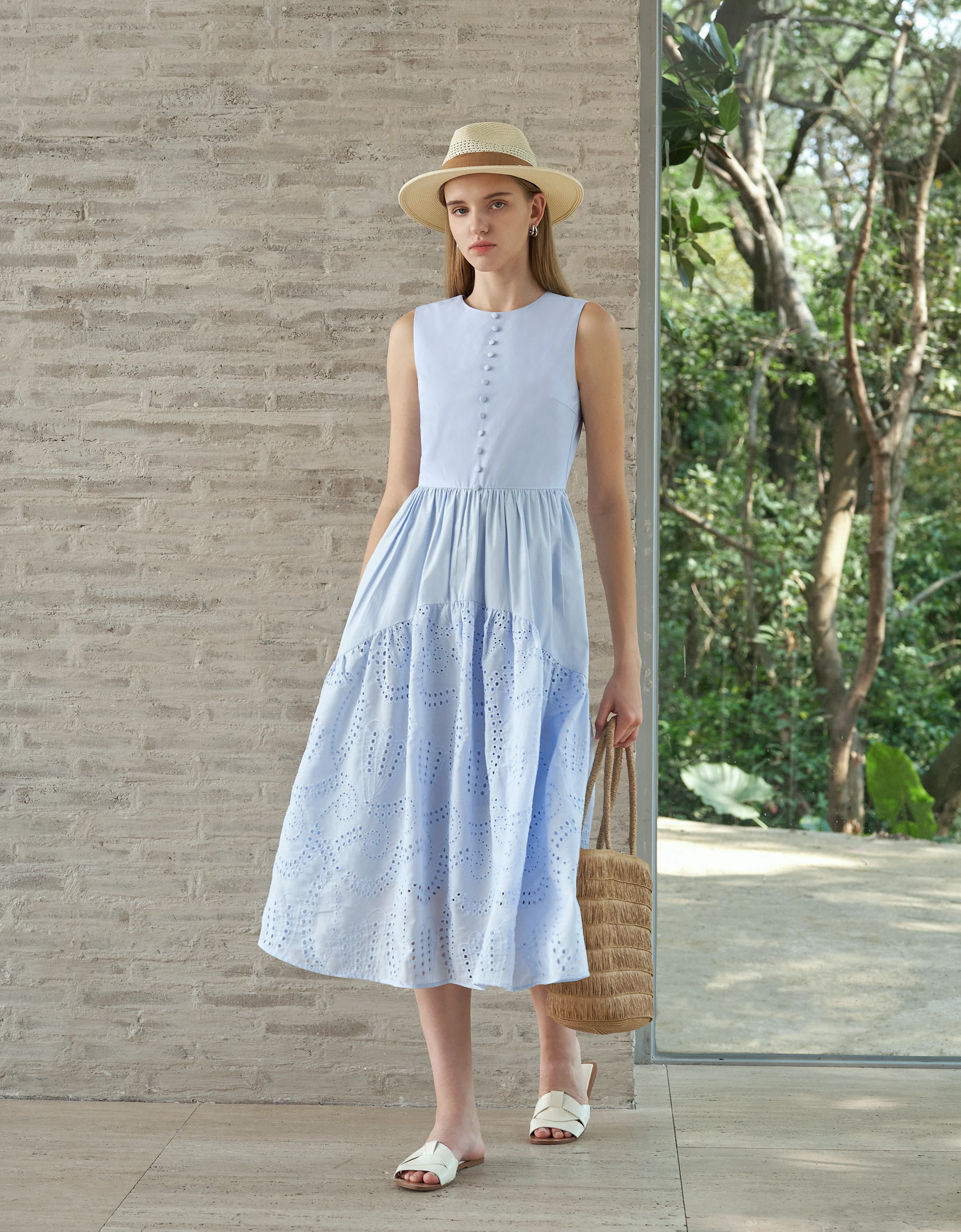 Embroidered Skirt Button Front Sleeveless Dress - Image 2