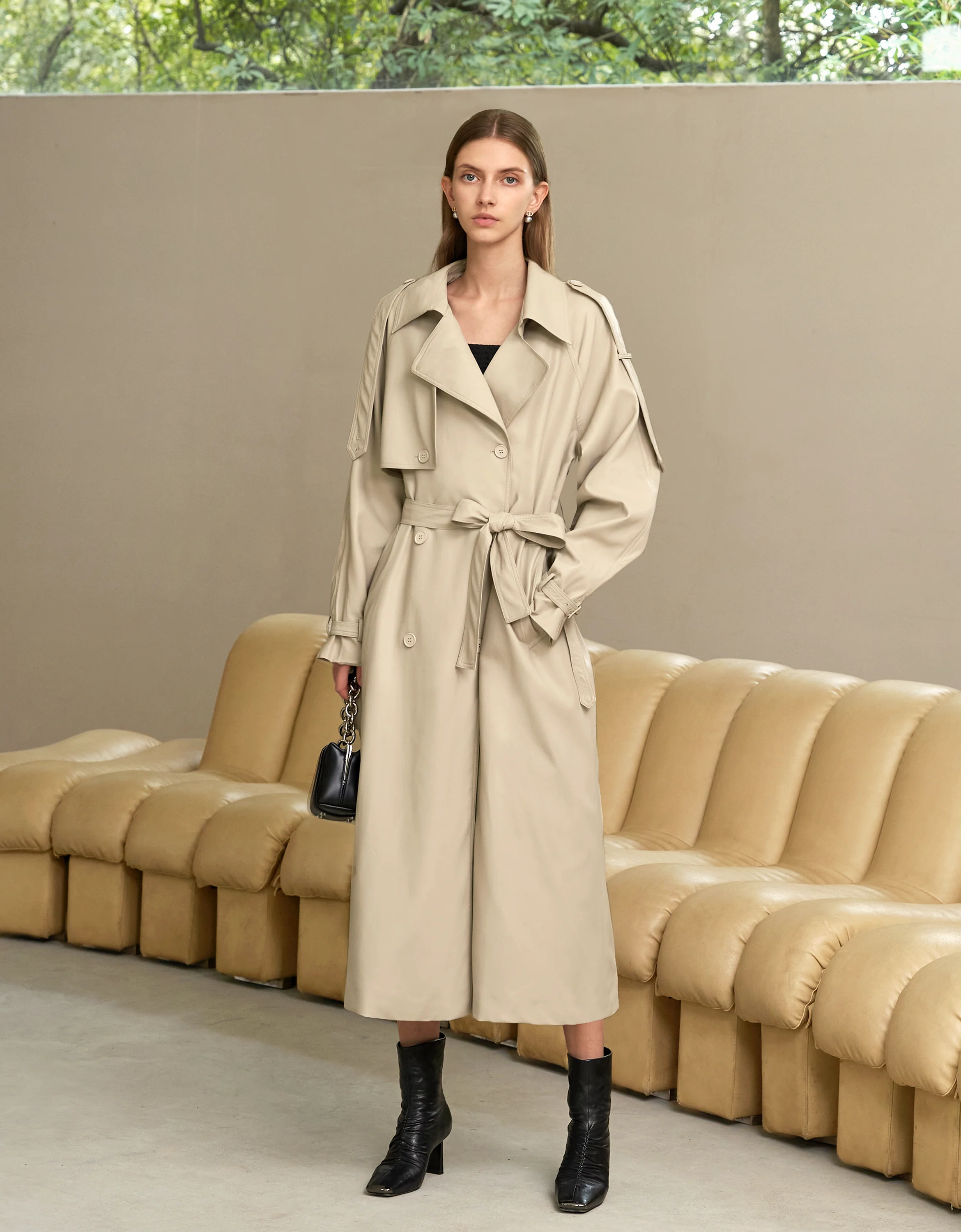 Faux Leather Double-breasted Trench Coat - Image 2