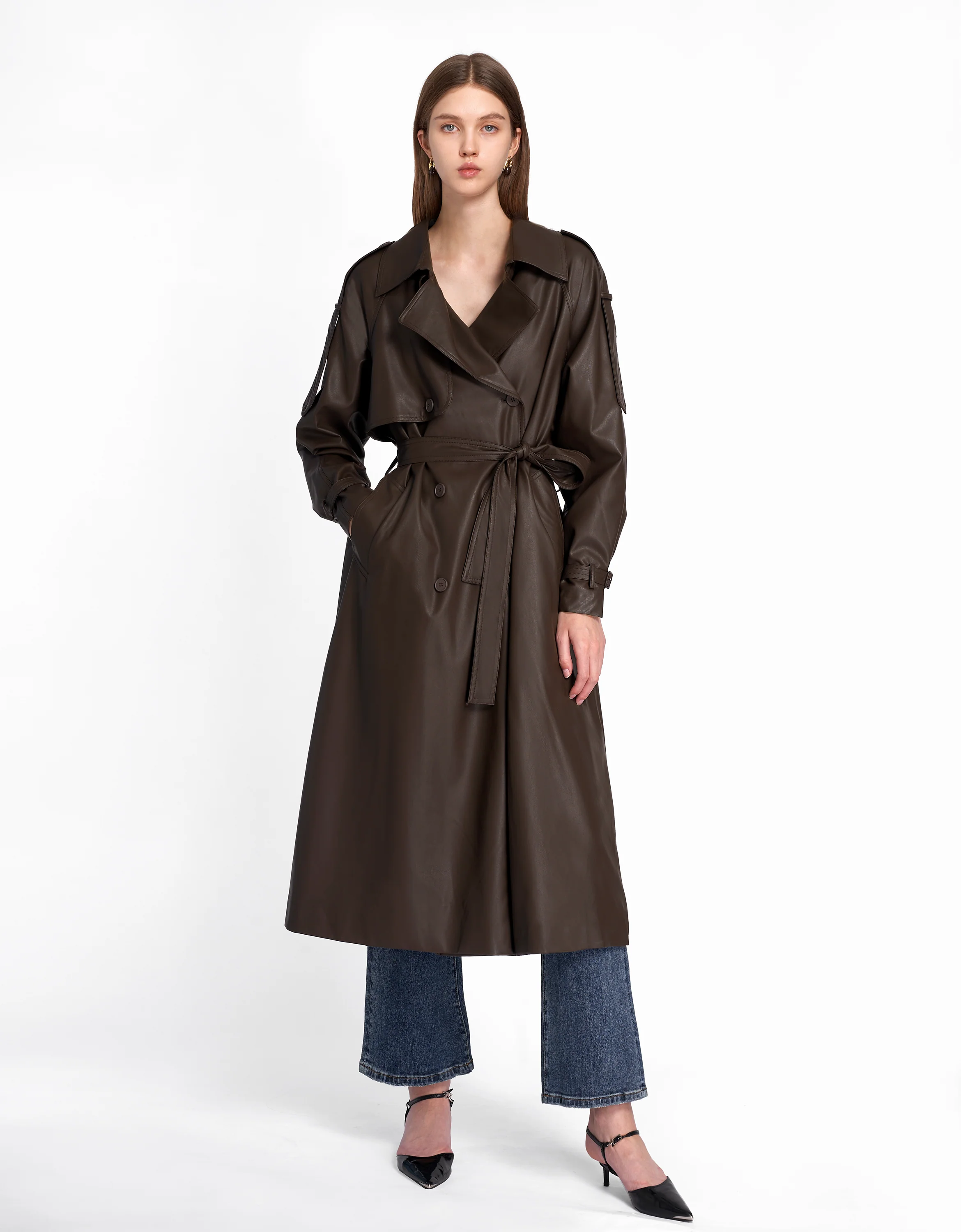 Faux Leather Double-breasted Trench Coat - Image 8
