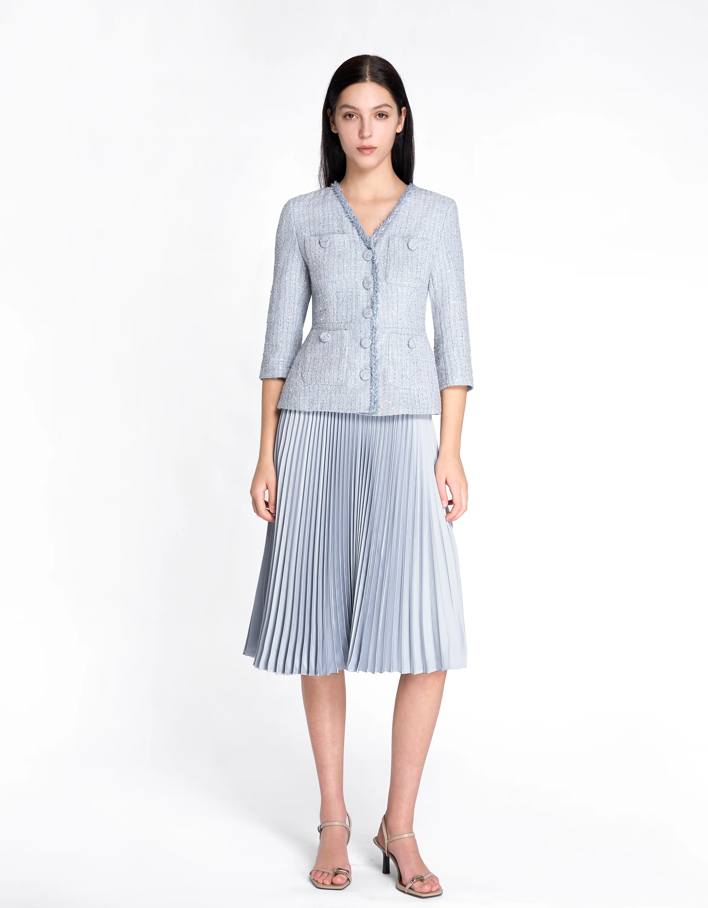 Faux Two-piece Pleated Skirt Sequined Tweed Dress - Image 2
