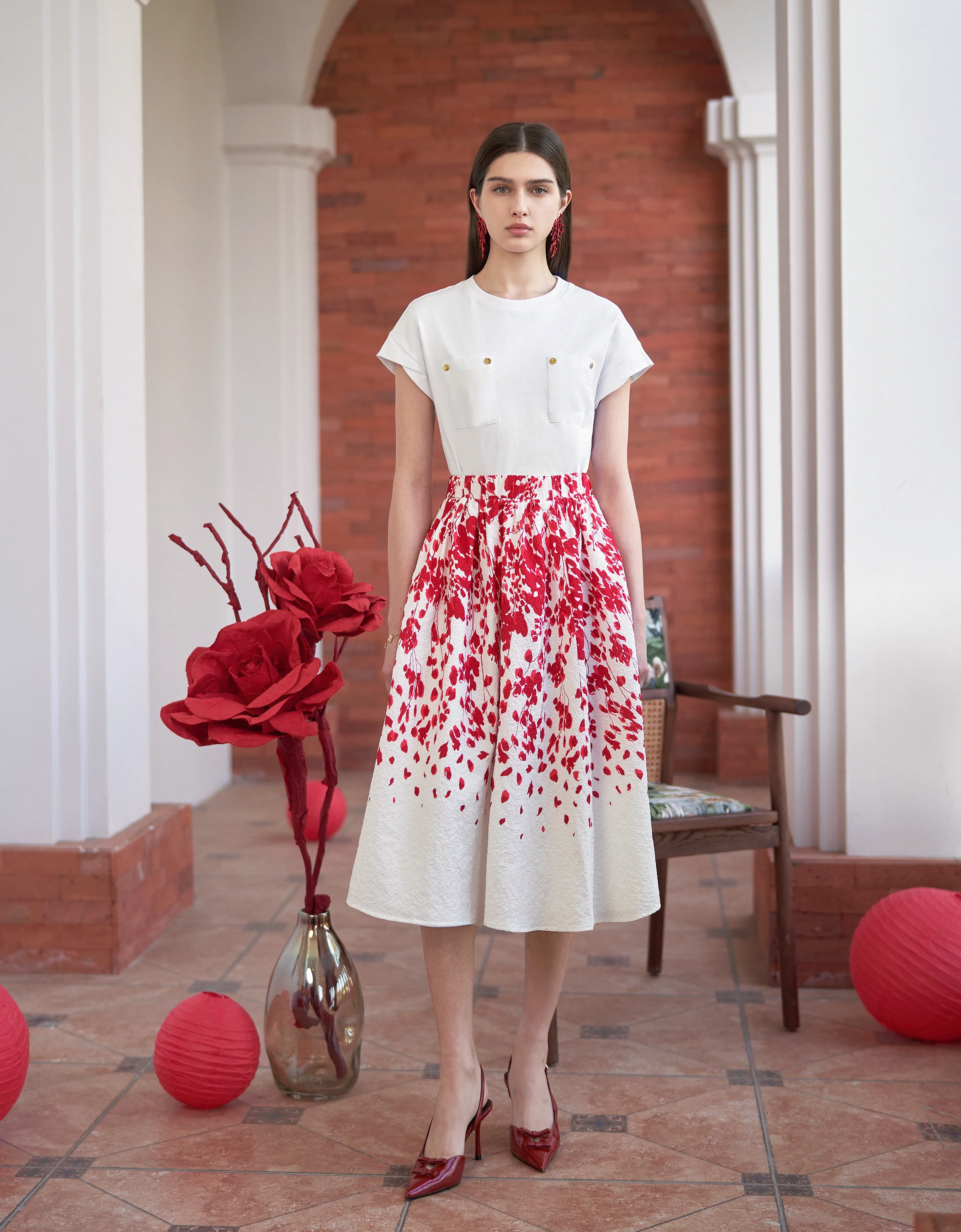 Floral Print A-line Midi Skirt