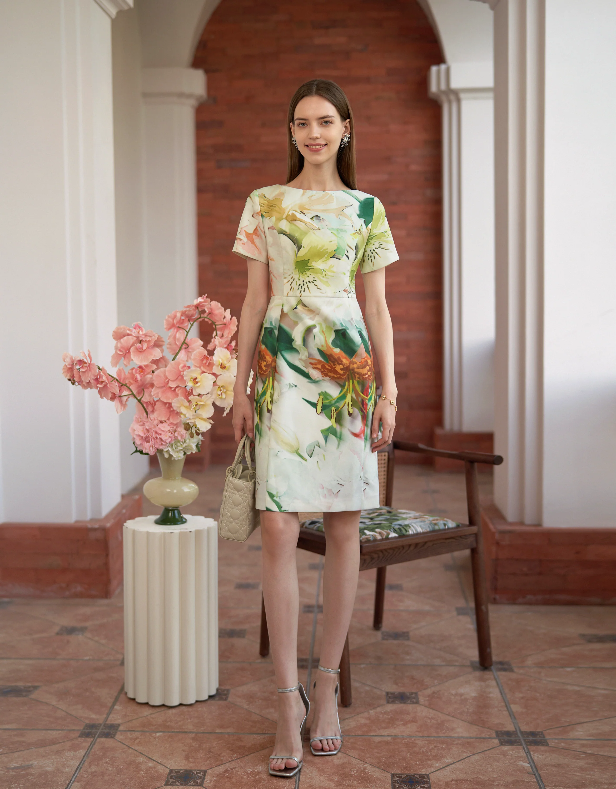 Floral Print Boat Neck Short Sleeve Dress