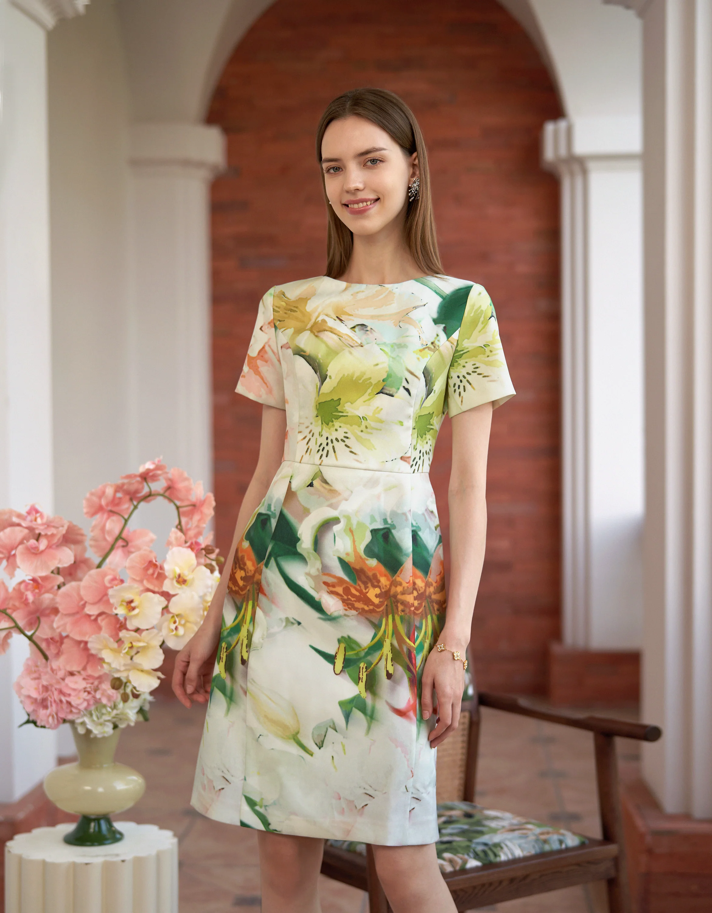 Floral Print Boat Neck Short Sleeve Dress - Image 2