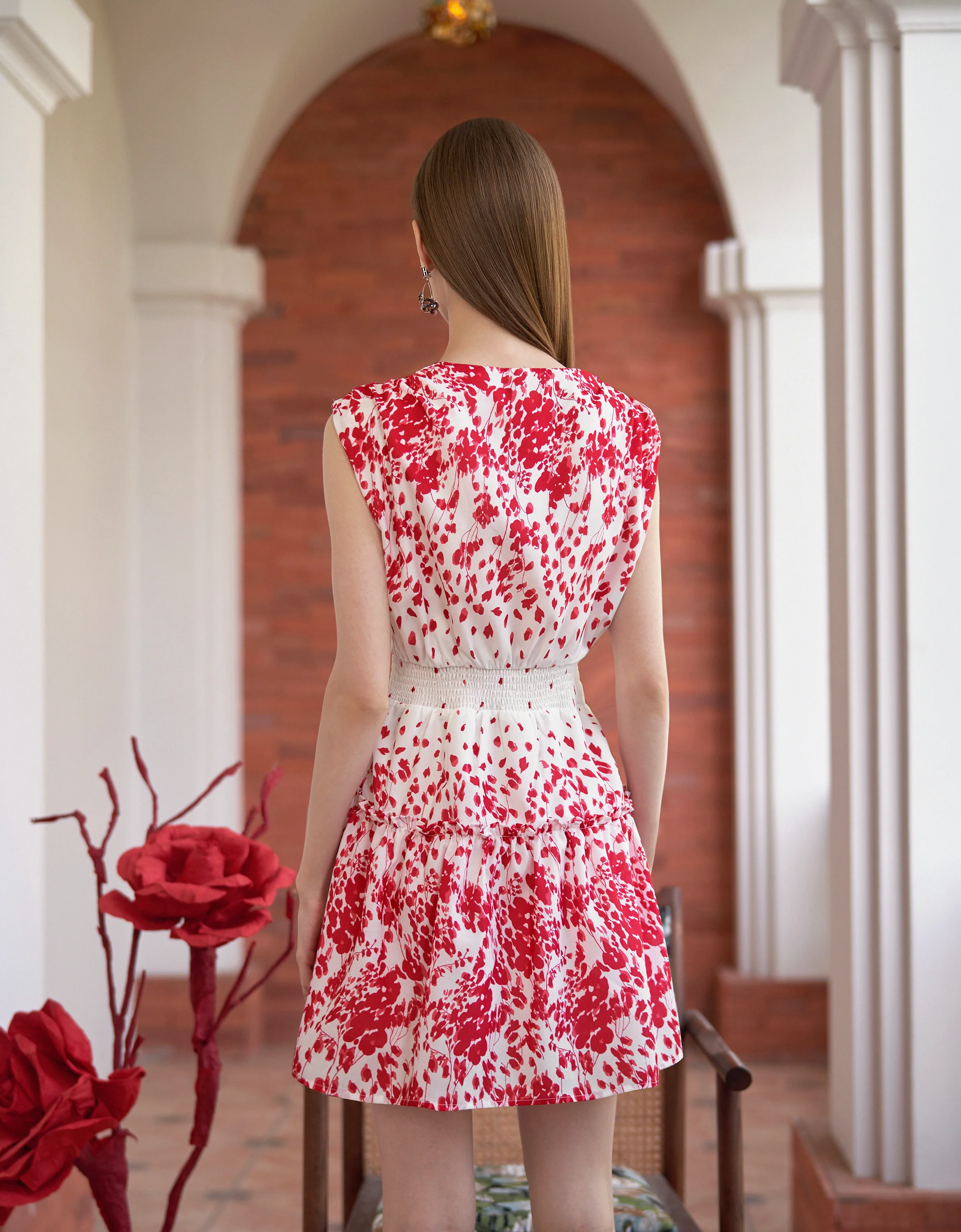 Floral Print Elastic Waist Sleeveless Dress - Image 3