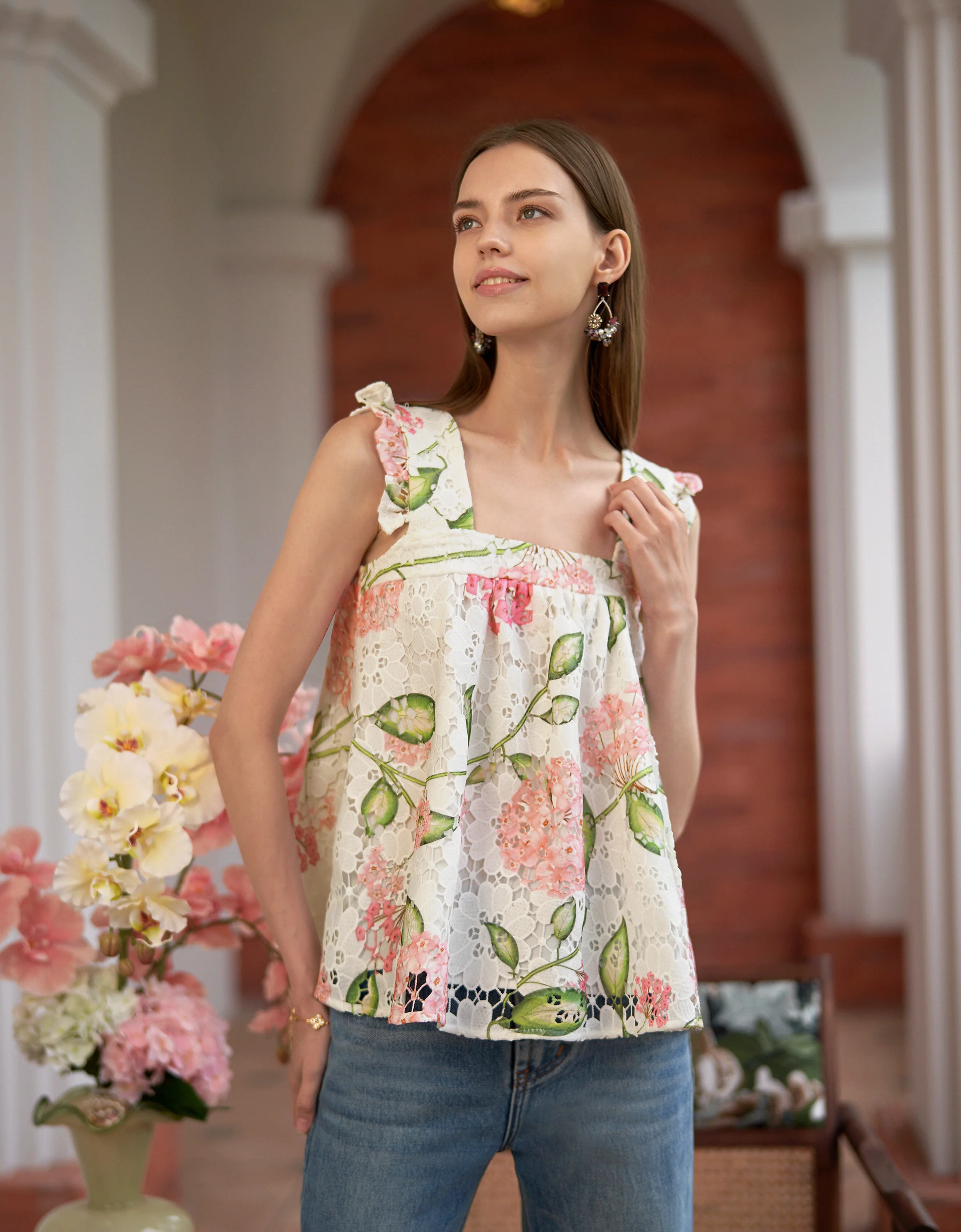 Floral Print Square Neck Lace Top - Image 2