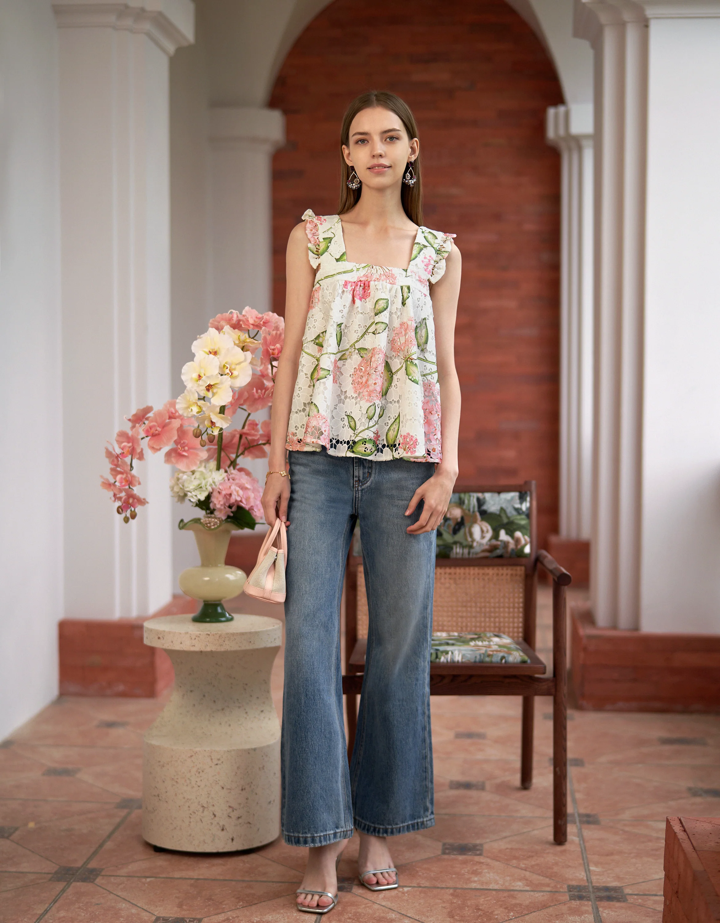 Floral Print Square Neck Lace Top - Image 3