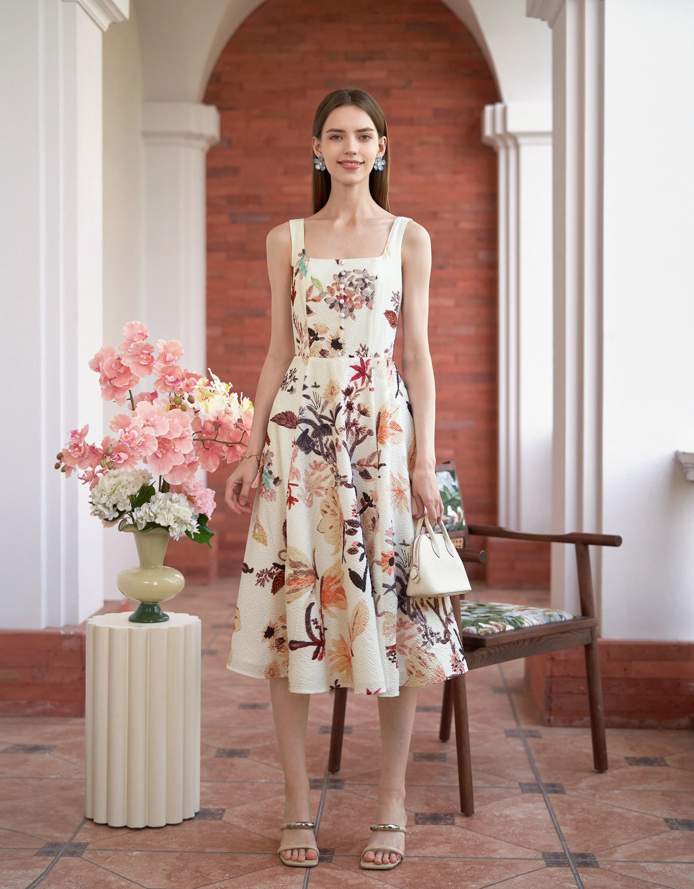 Floral Print Square Neck Midi Dress