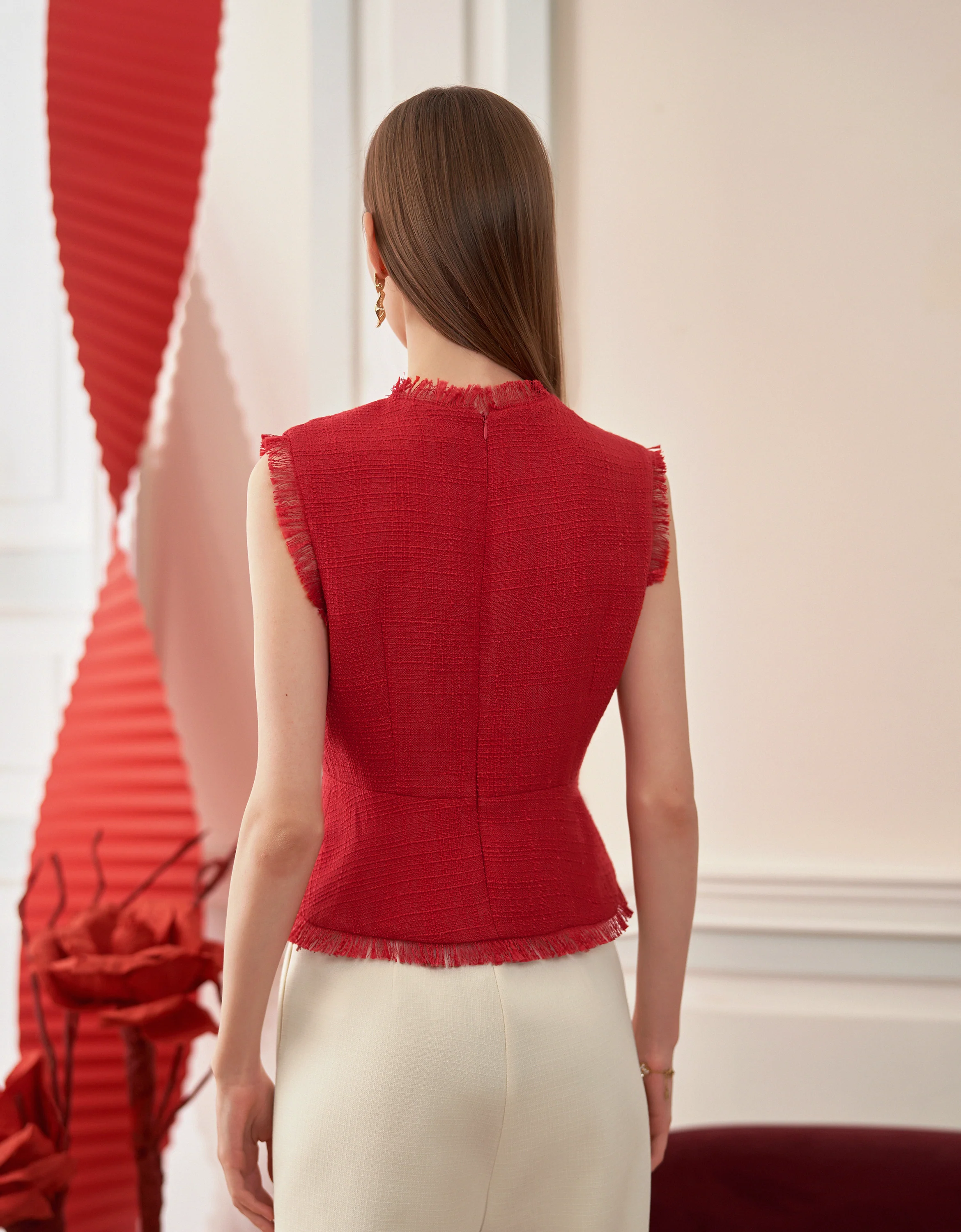 Fringe Trims Round Neck Sleeveless Tweed Top - Image 3