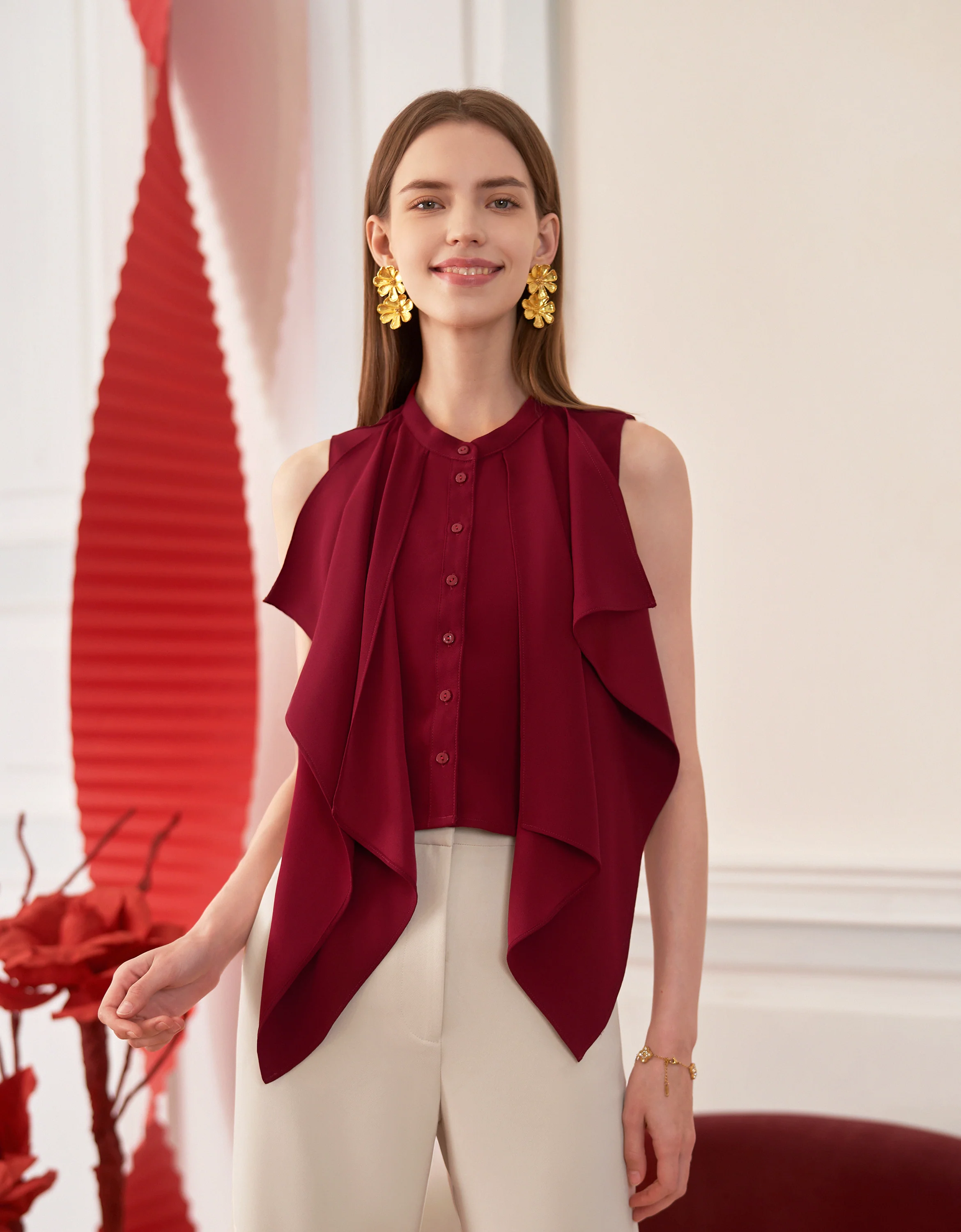 Front Ruffle Stand Collar Top