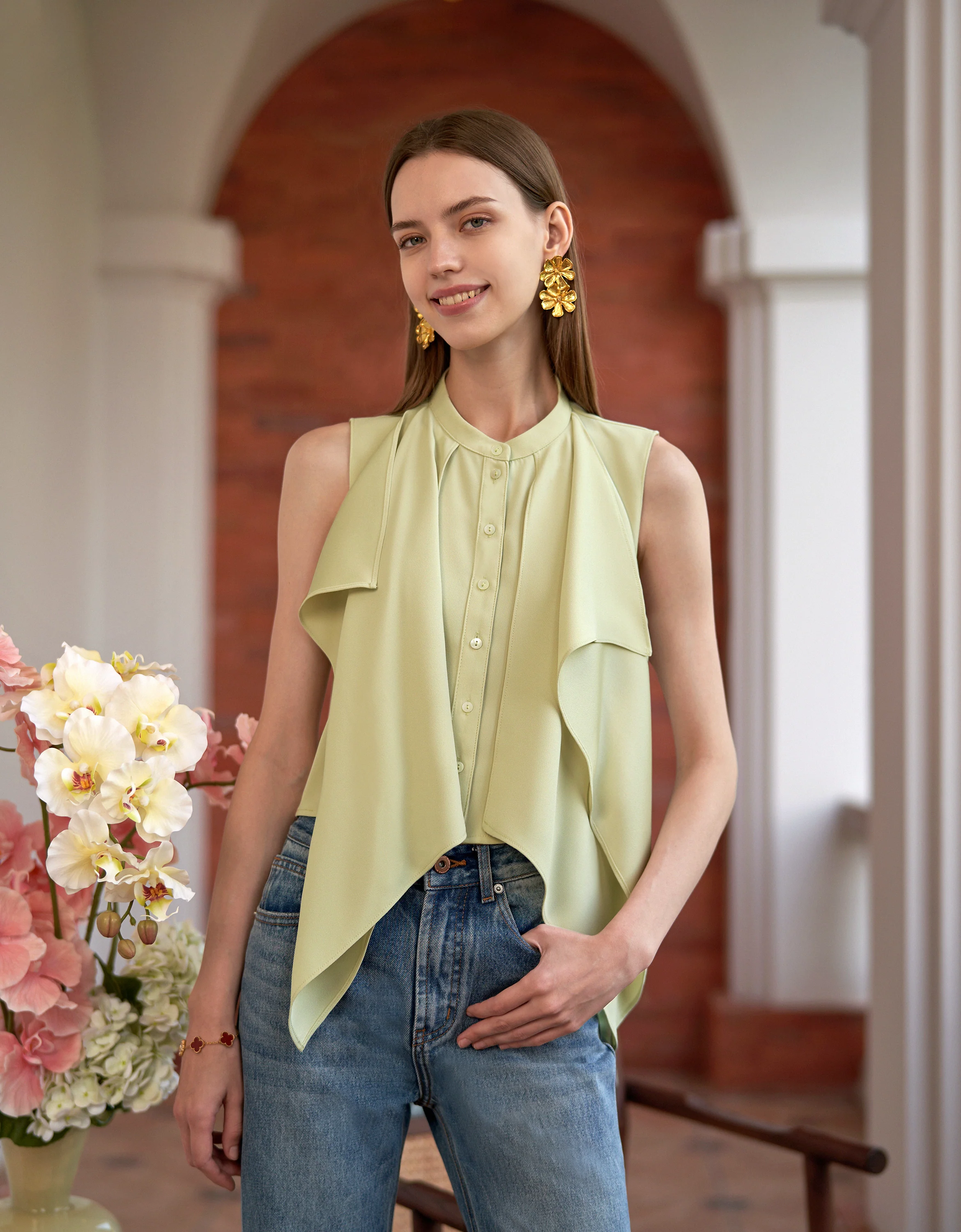 Front Ruffle Stand Collar Top - Image 10