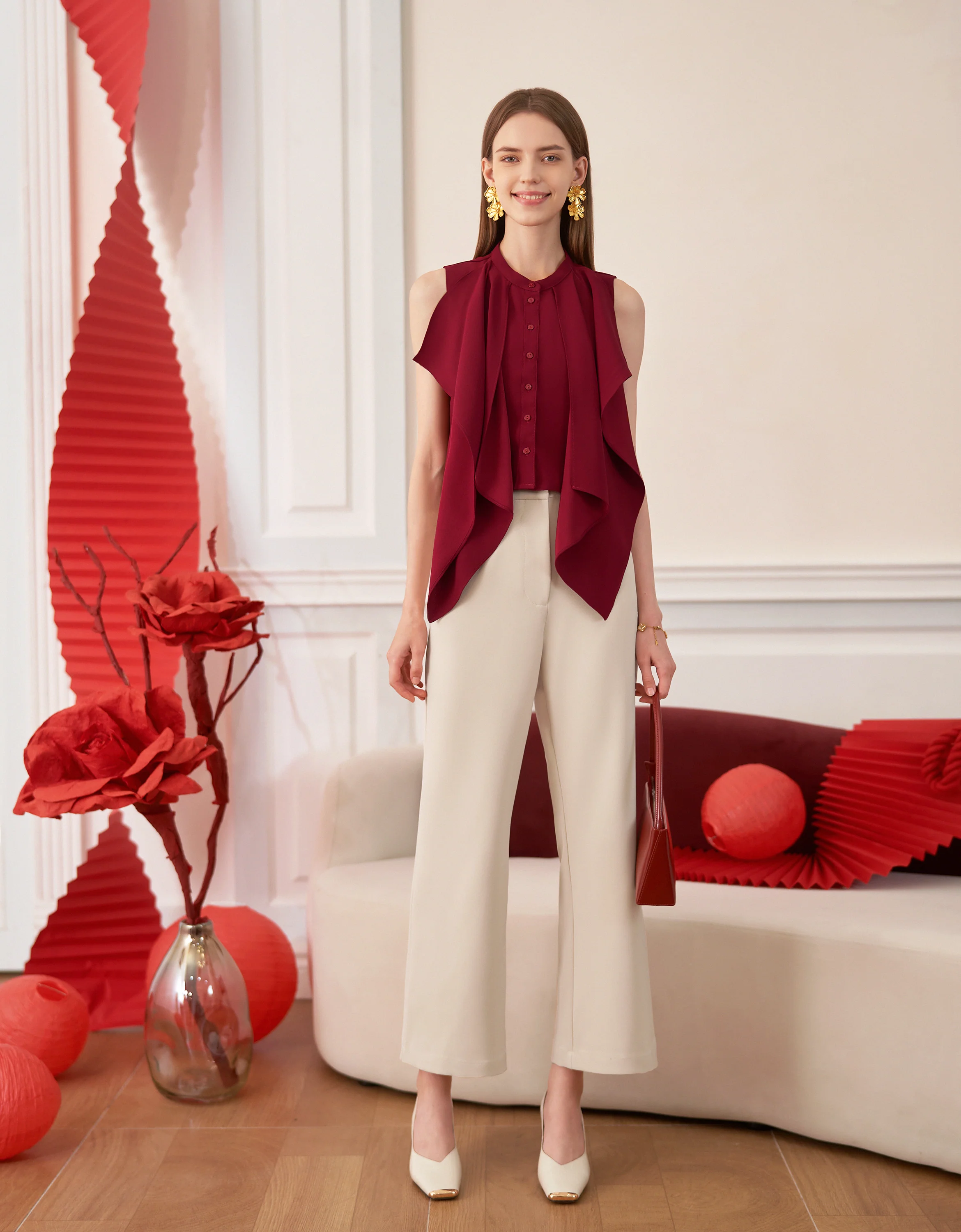 Front Ruffle Stand Collar Top - Image 2