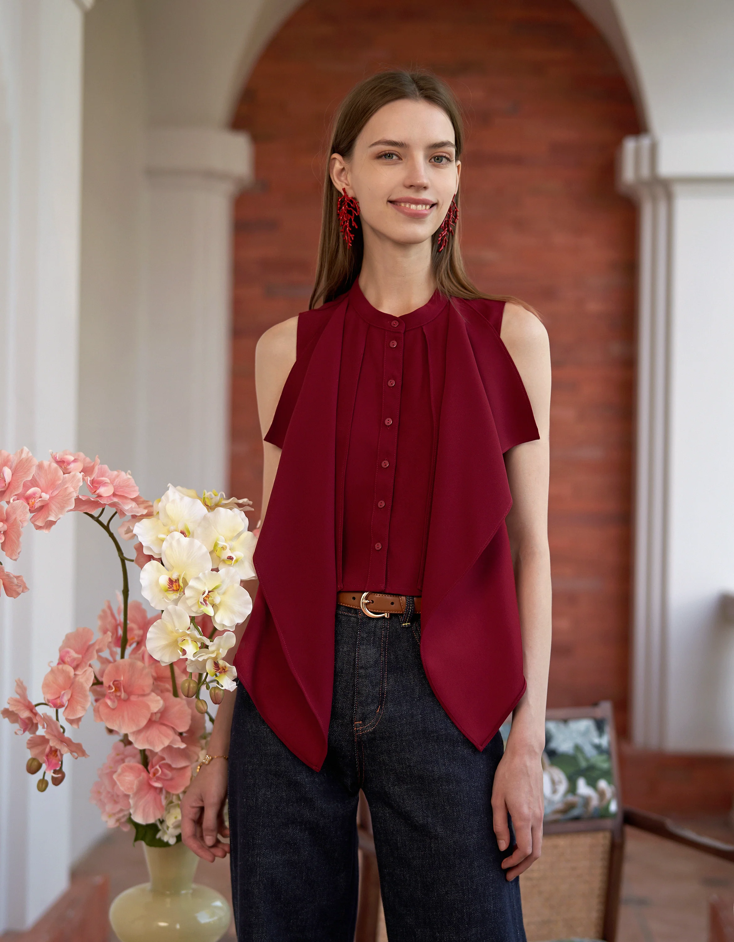 Front Ruffle Stand Collar Top - Image 3