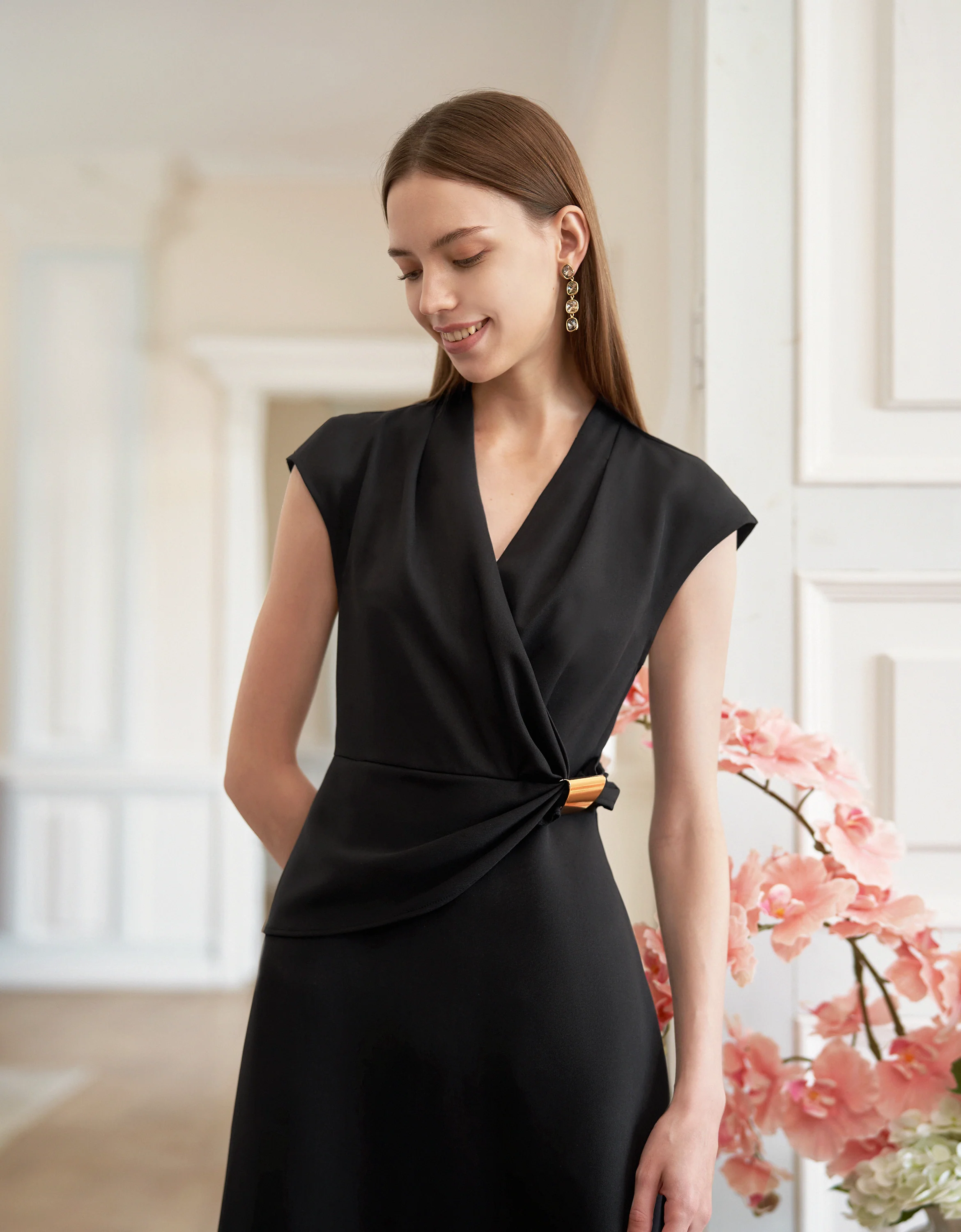 Gathered Waist Buckle V-neck Midi Dress - Image 2