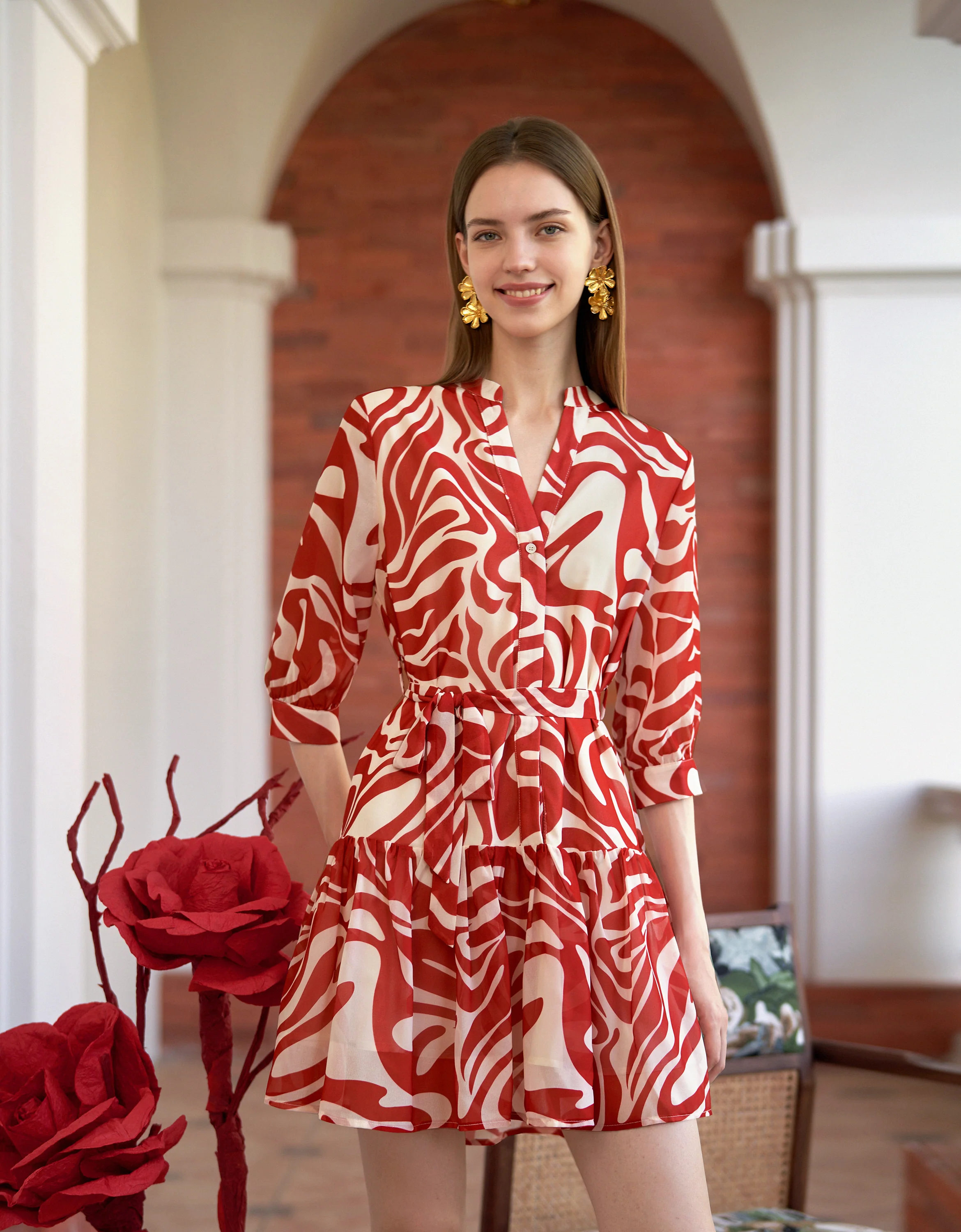 Geometric Print Ruffled Hem V-neck Dress