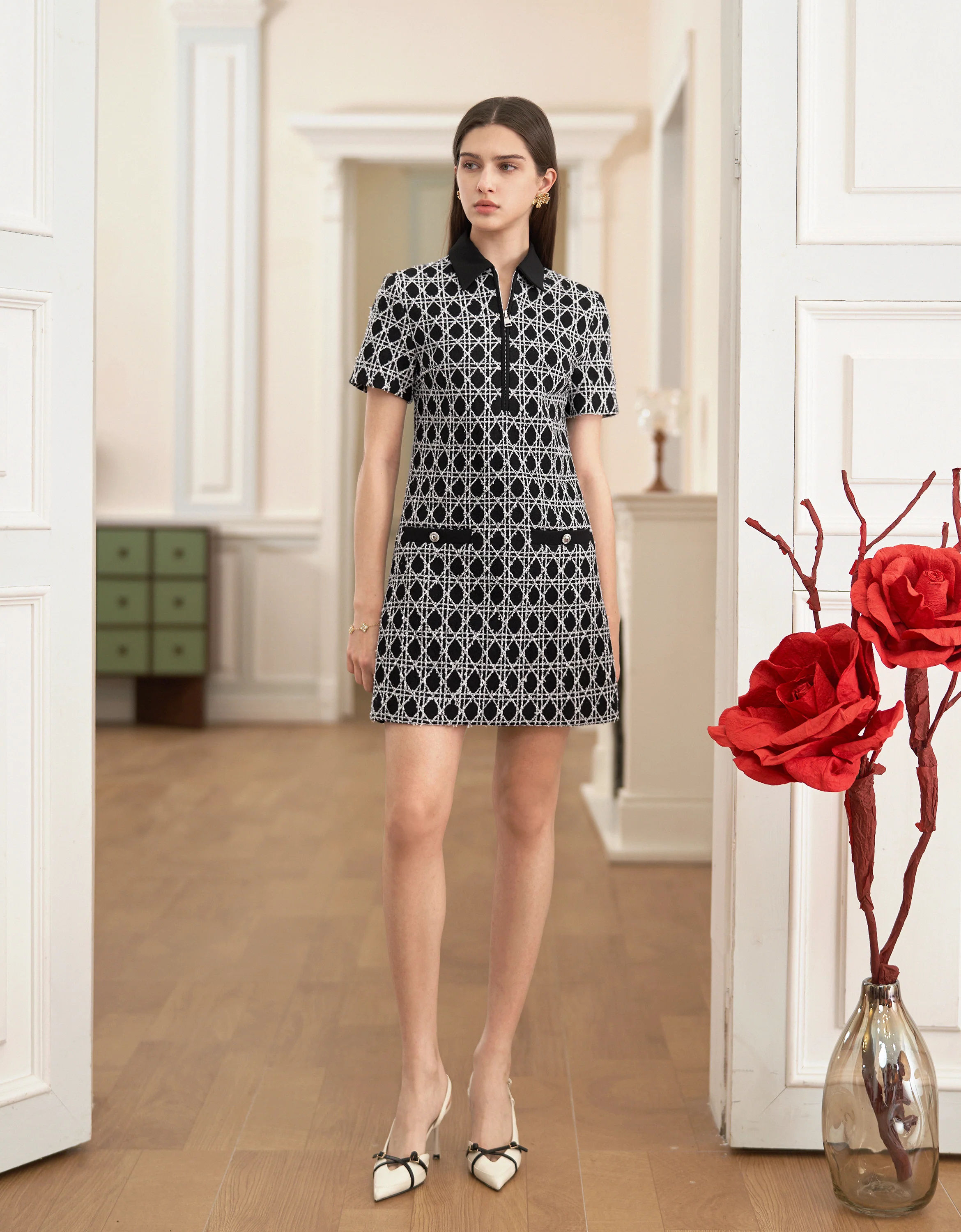 Half Zip Front Short Sleeve Checkered Dress