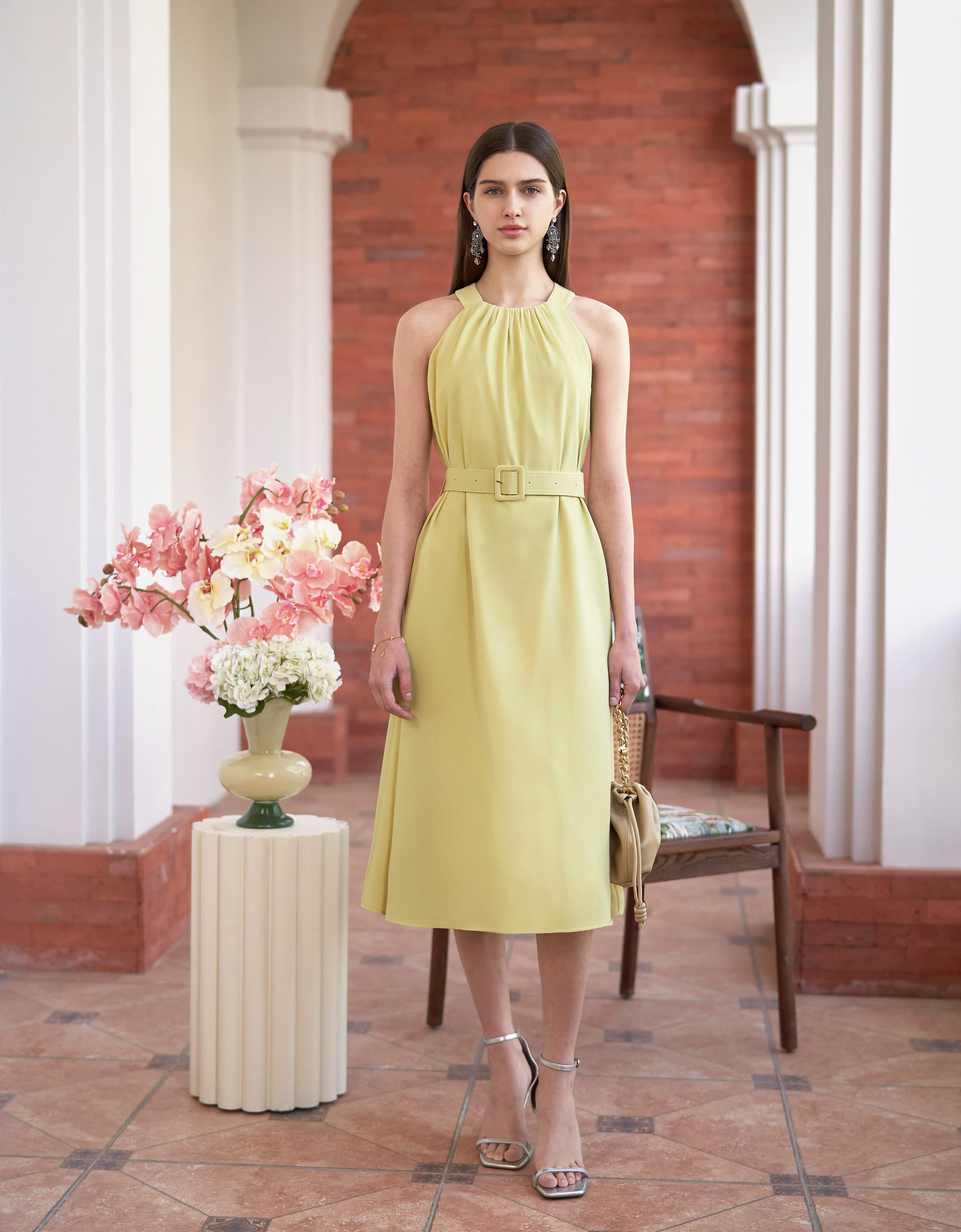 Halterneck Waist Tie Midi Dress