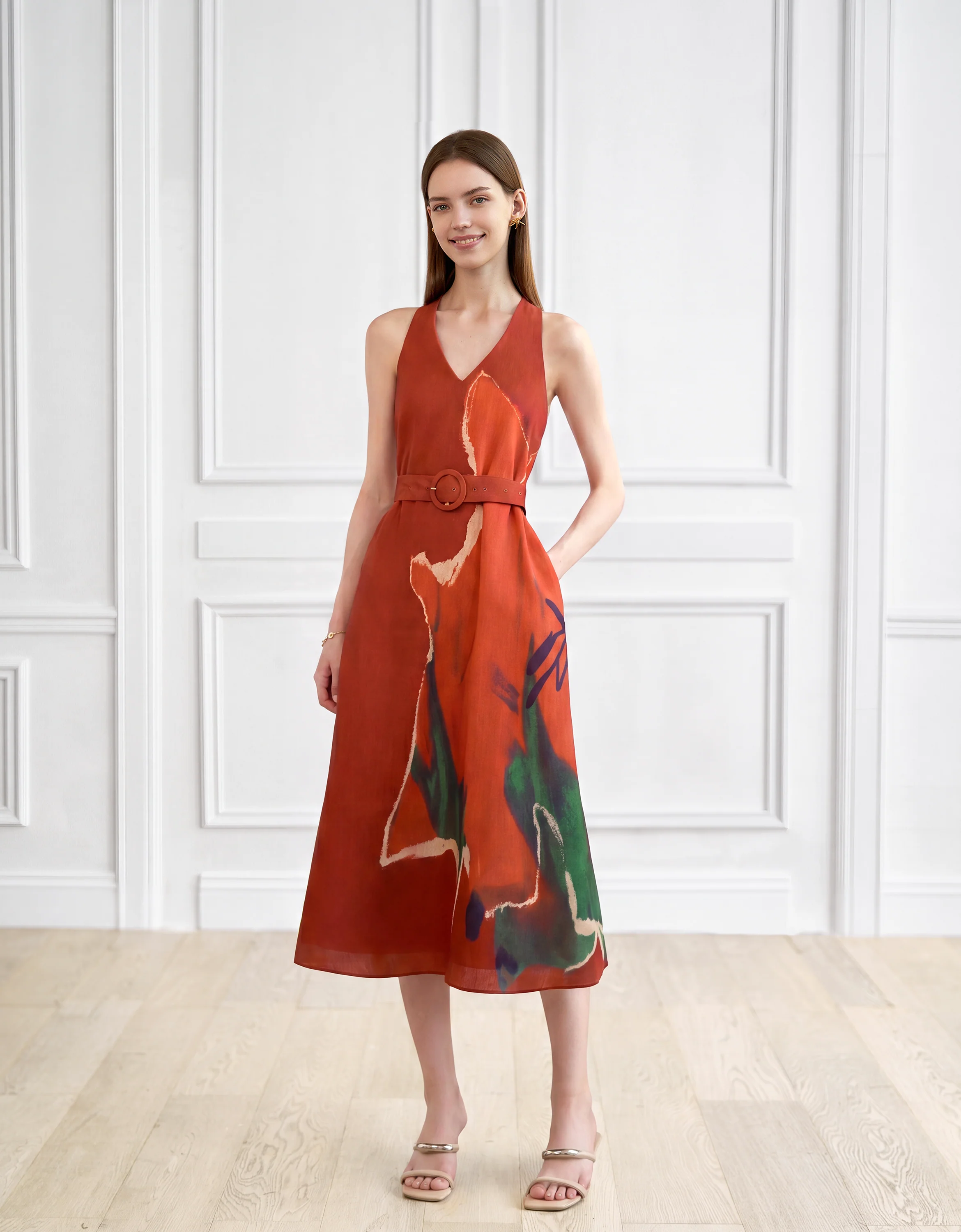 Hand-painted Floral Print Sleeveless Dress
