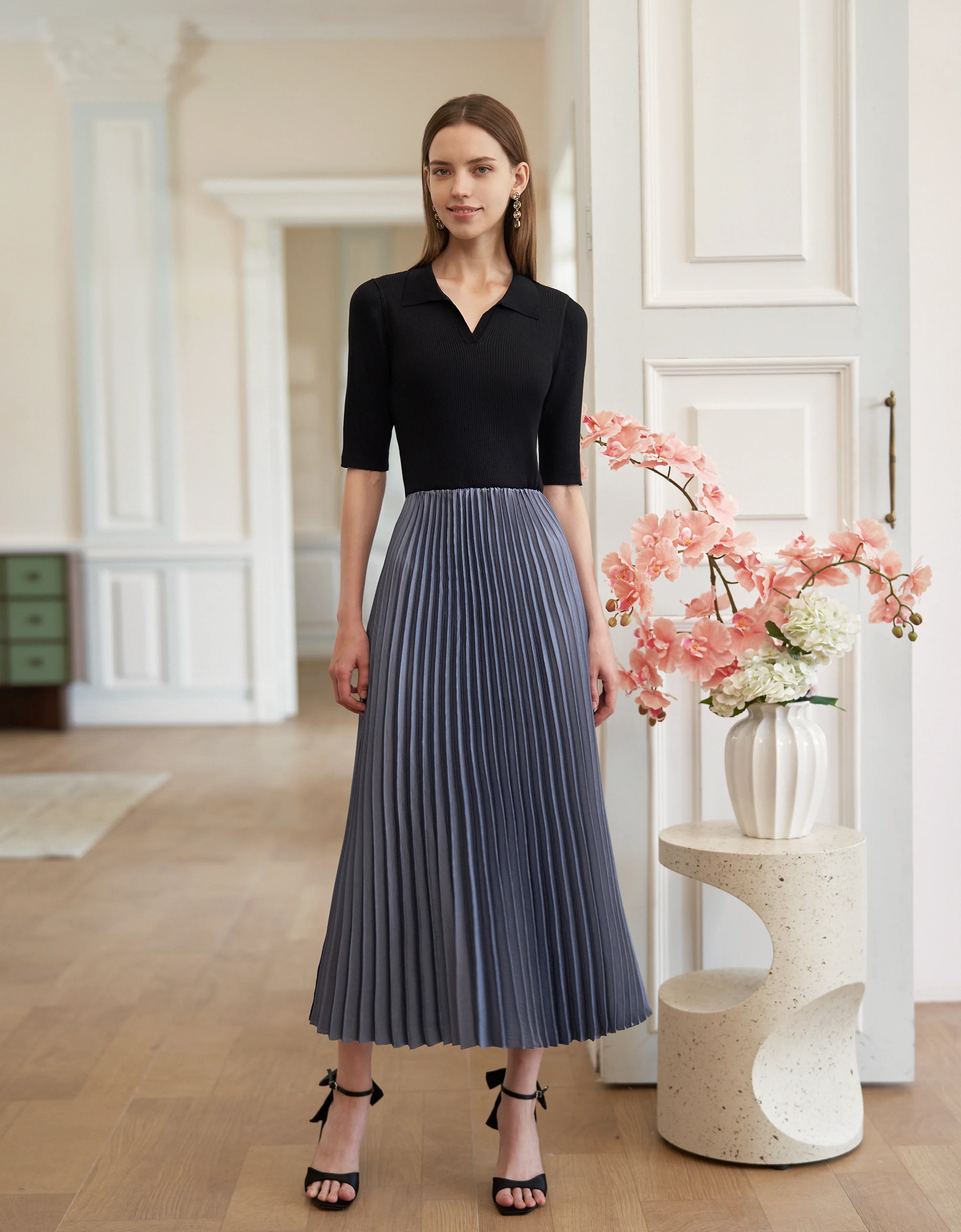 Knit Top Pleated Skirt Midi Dress - Image 2