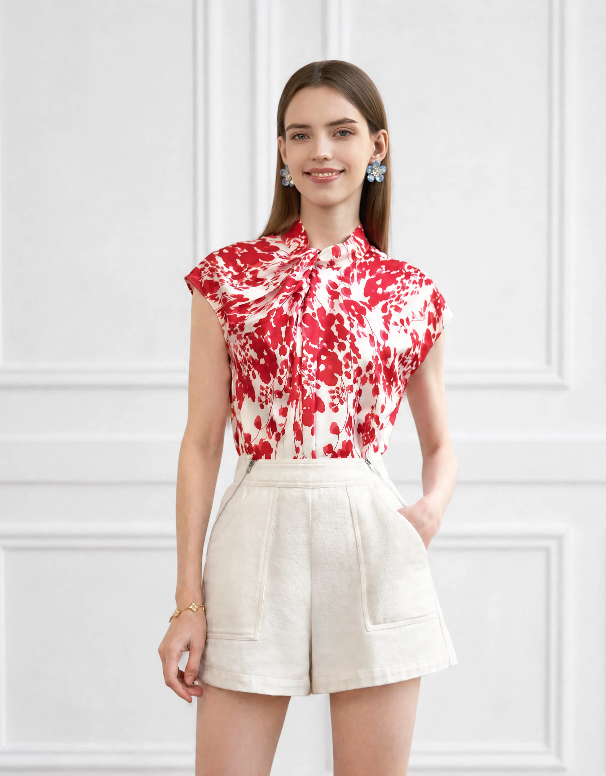 Knot Collar Floral Print Top