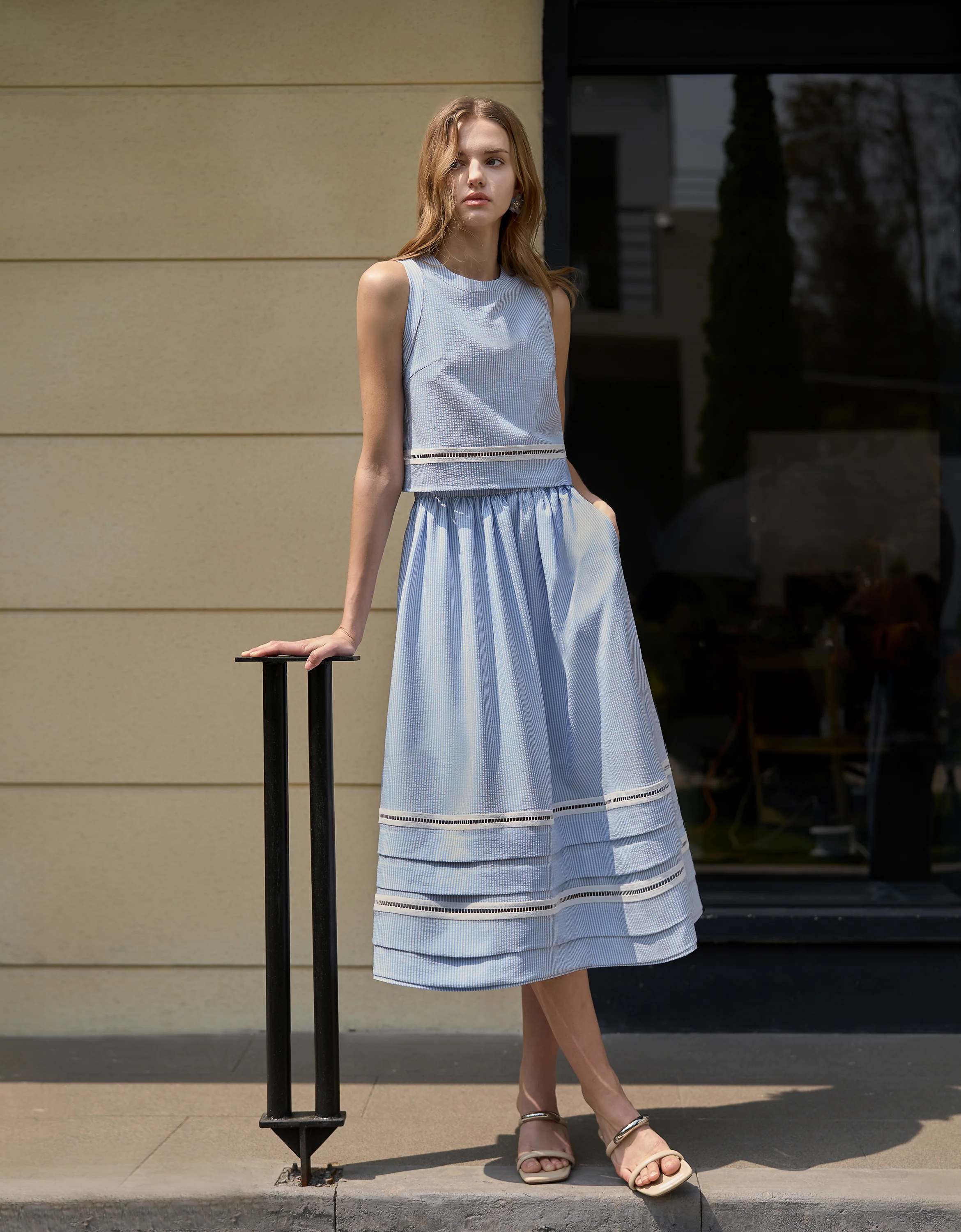 Lace Insert Striped Midi Skirt