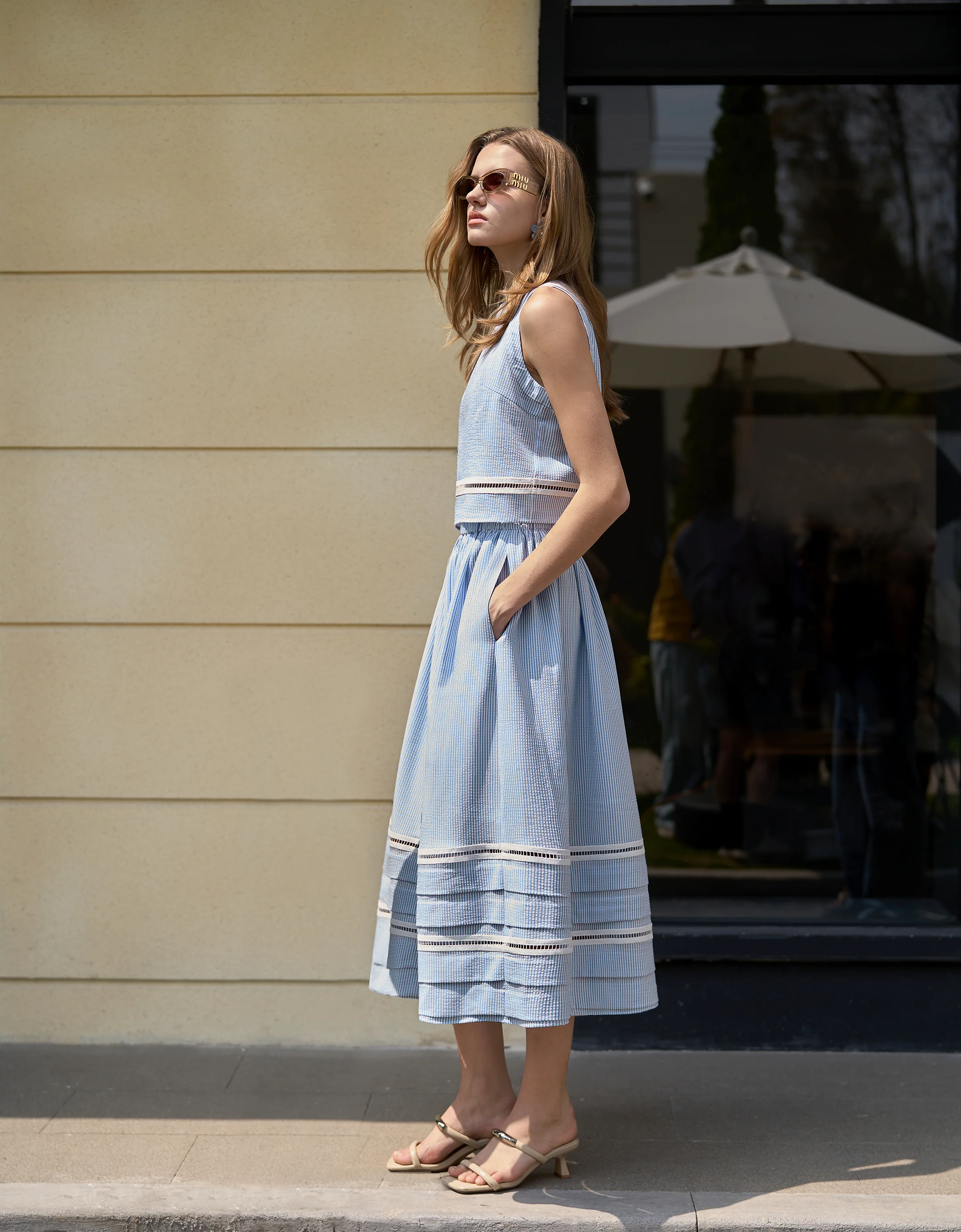Lace Insert Striped Midi Skirt - Image 3